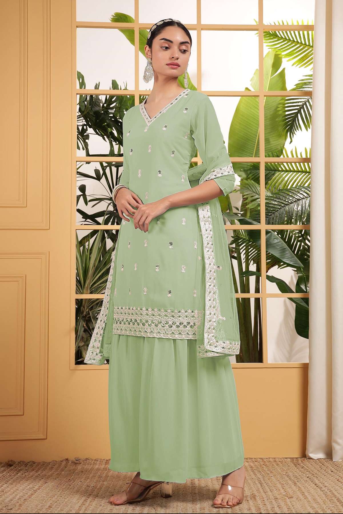 DESIGNER GEORGETTE GREEN SHARARA PALAZZO SALWAR SUIT NEW COLLECTION TT 02 C