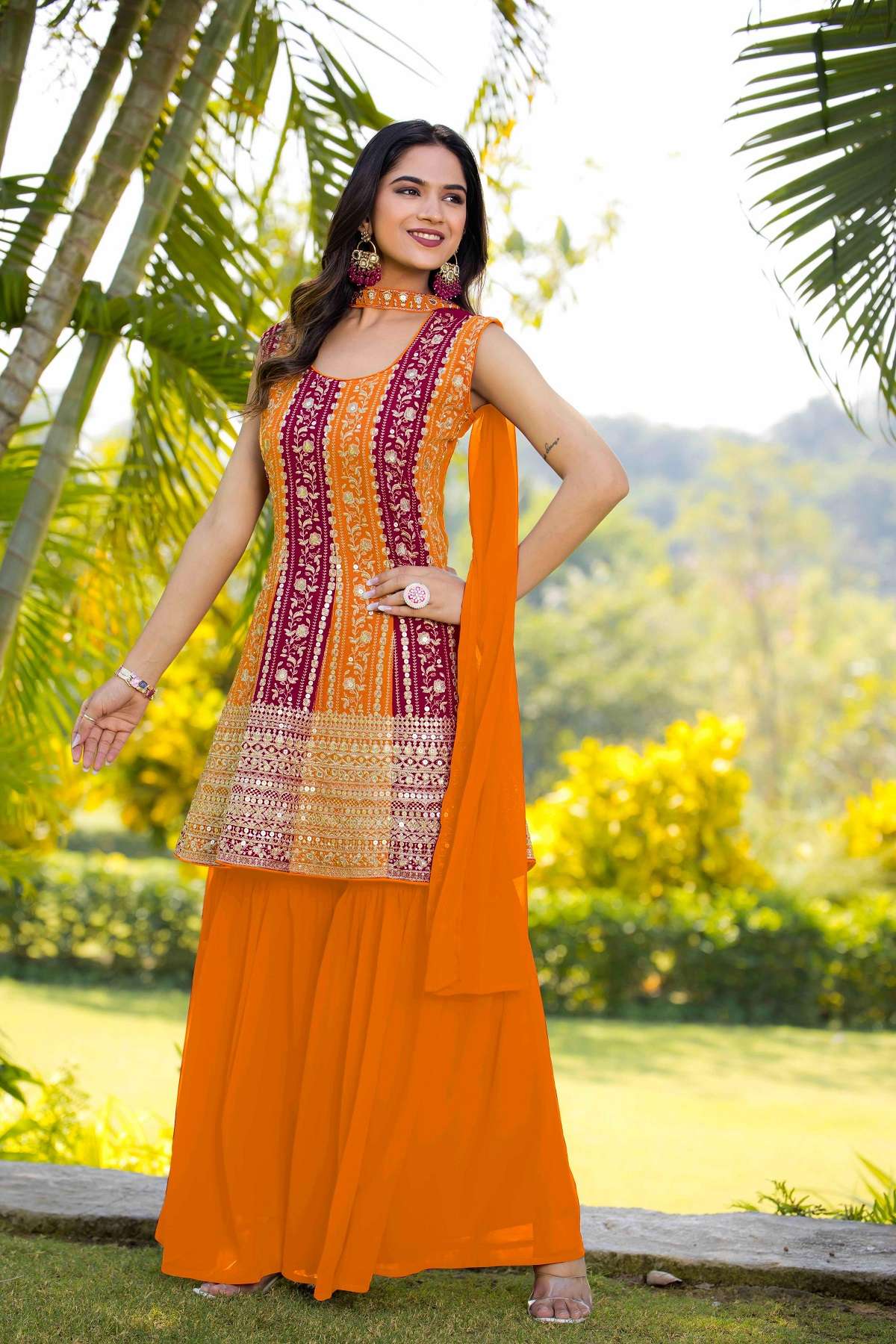 DESIGNER GEORGETTE ORANGE SHARARA PALAZZO SALWAR SUIT NEW COLLECTION TT 03 B