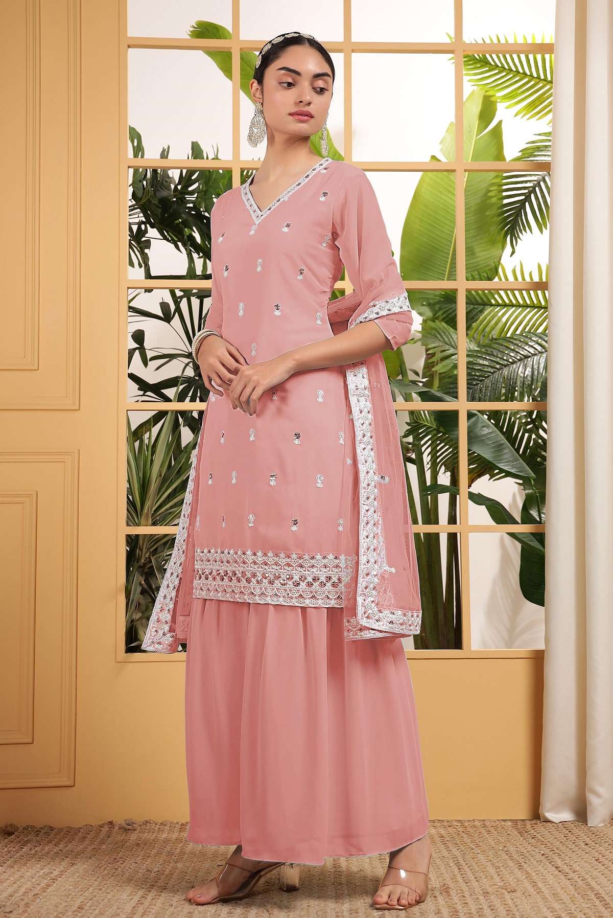 DESIGNER GEORGETTE PEACH PINK SHARARA PALAZZO SALWAR SUIT NEW COLLECTION TT 02 B