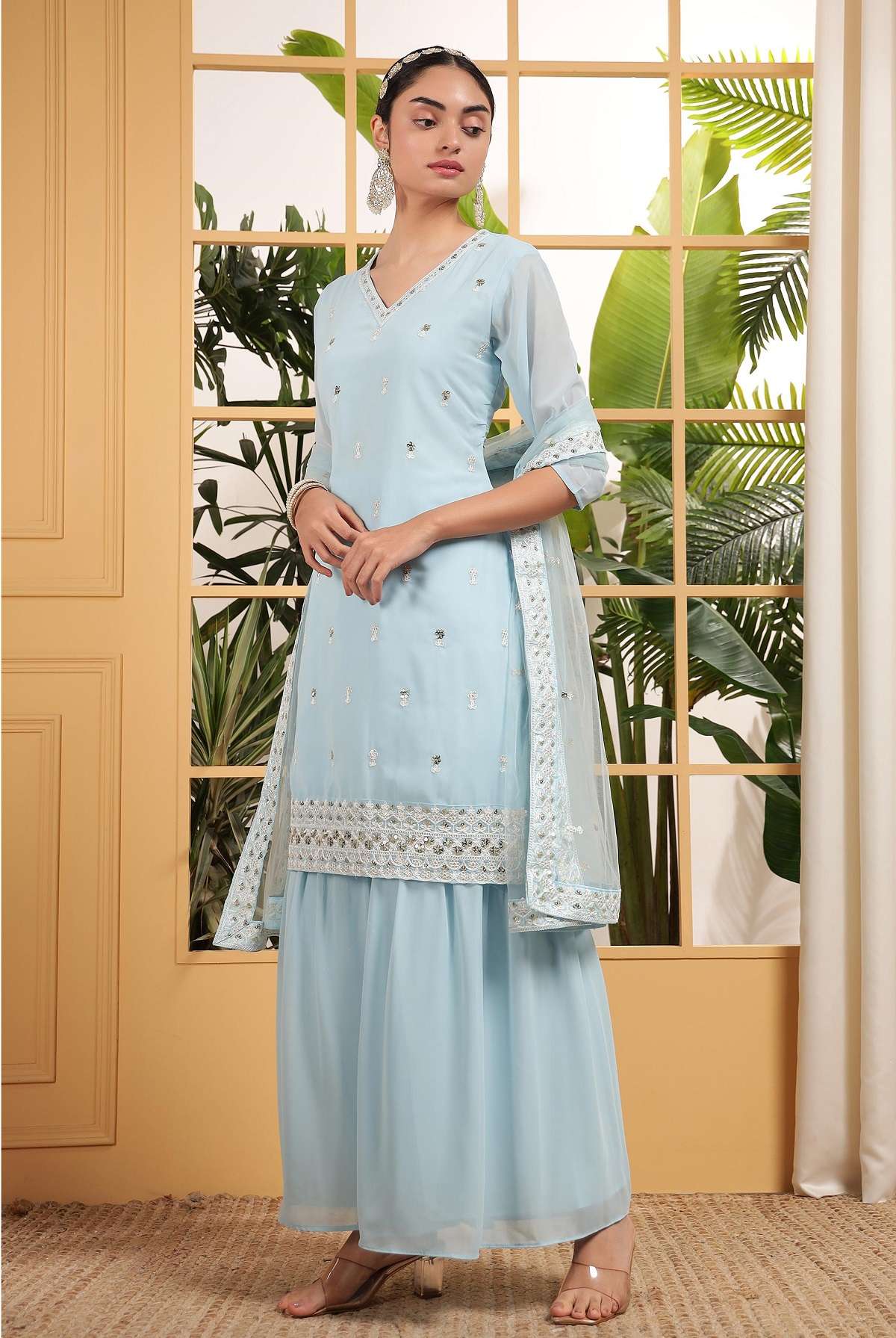 DESIGNER GEORGETTE SKY BLUE SHARARA PALAZZO SALWAR SUIT NEW COLLECTION TT 02 A