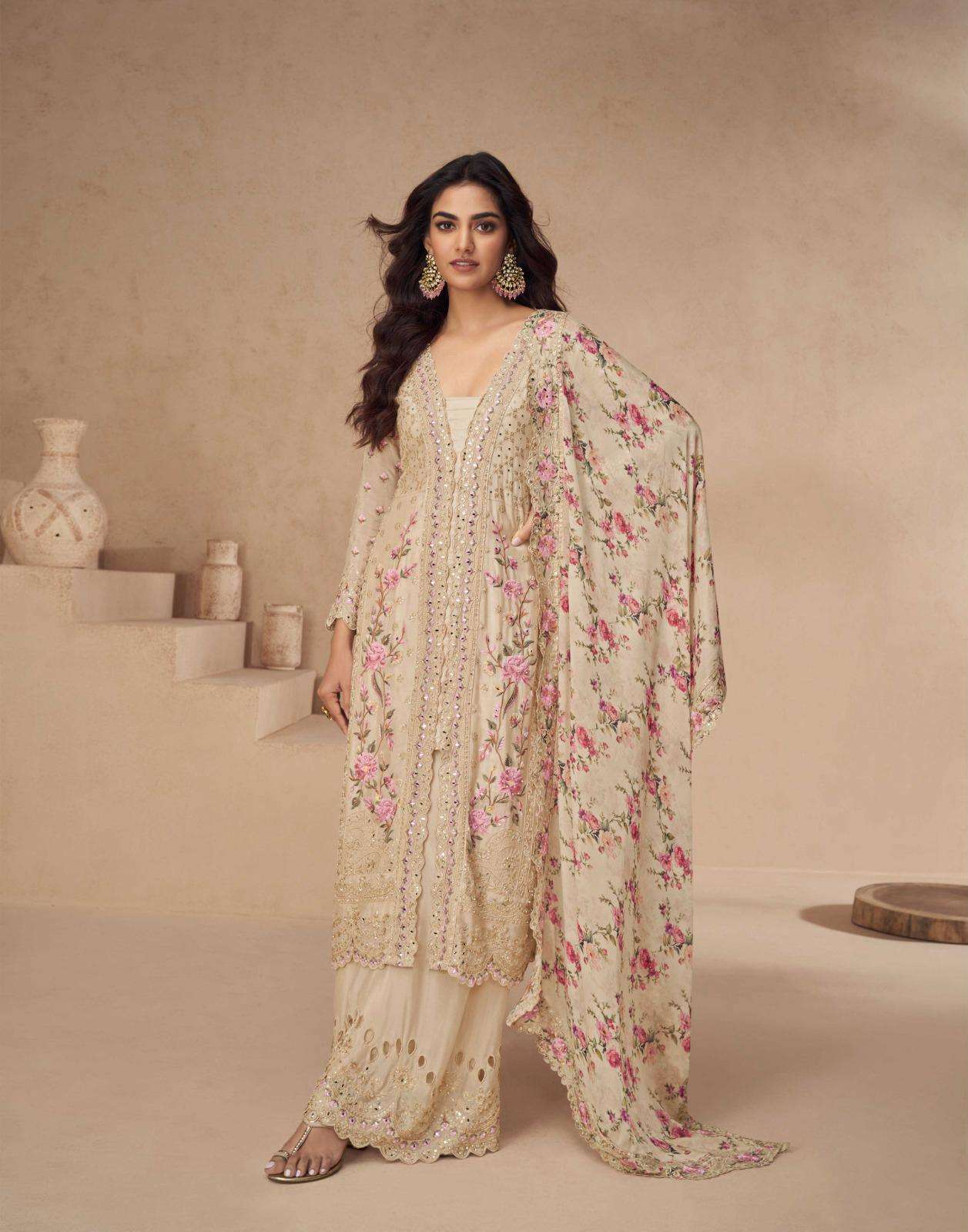 DESIGNER WEDDING PARTY WEAR CHINON SILK BEIGE SHARARA SALWAR SUIT AF AARNA 10155