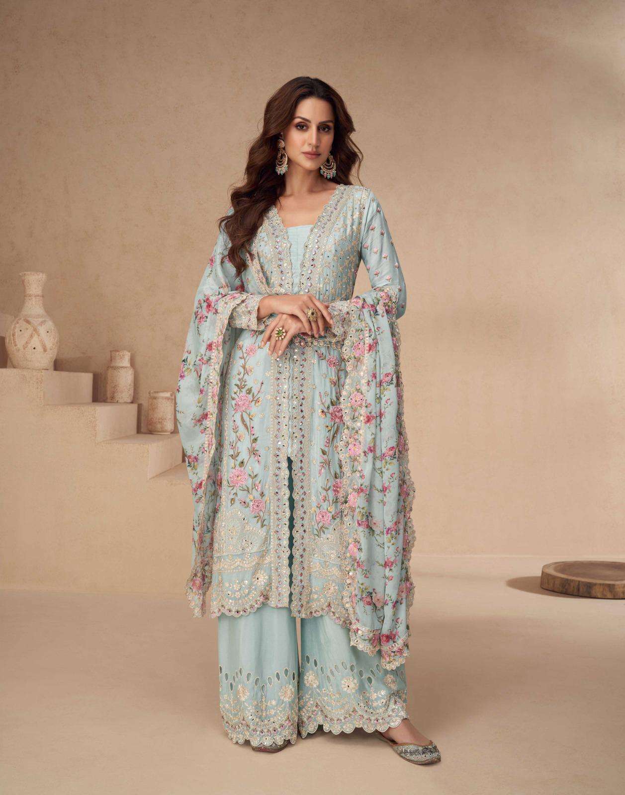 DESIGNER WEDDING PARTY WEAR CHINON SILK SKY BLUE SHARARA SALWAR SUIT AF AARNA 10154