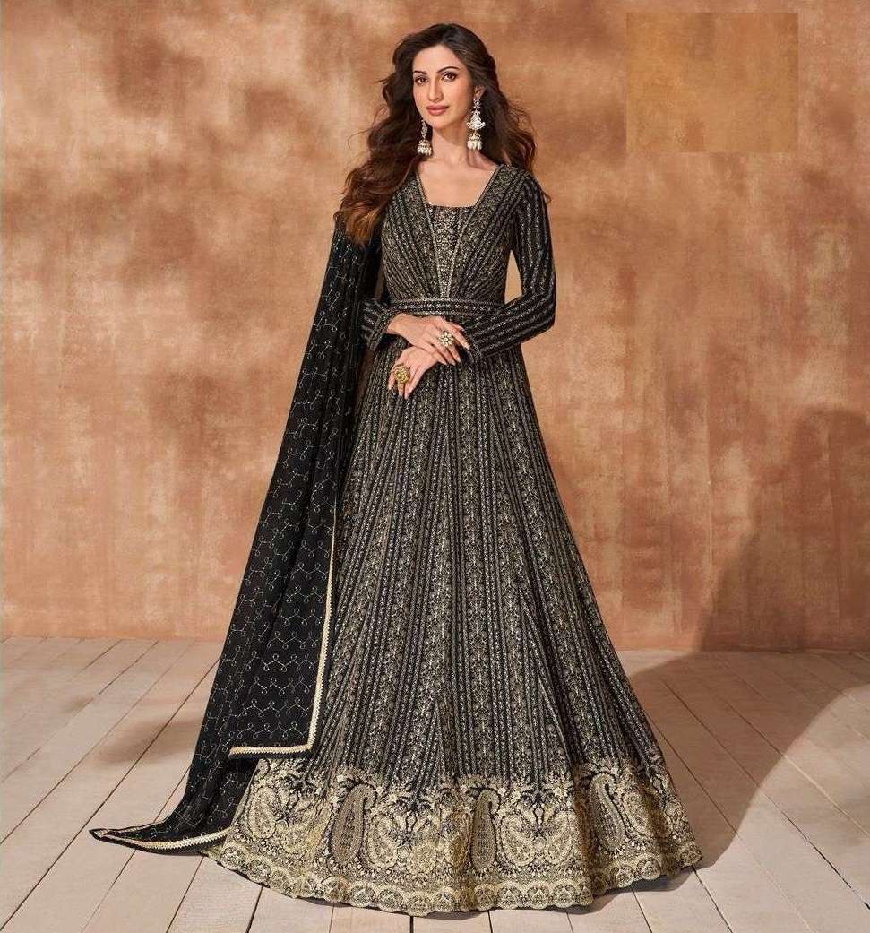 DESIGNER WEDDING PARTY WEAR HEAVY BLACK GEORGETTE ANARKALI SALWAR SUIT GOWN AF MAHIRA 5414