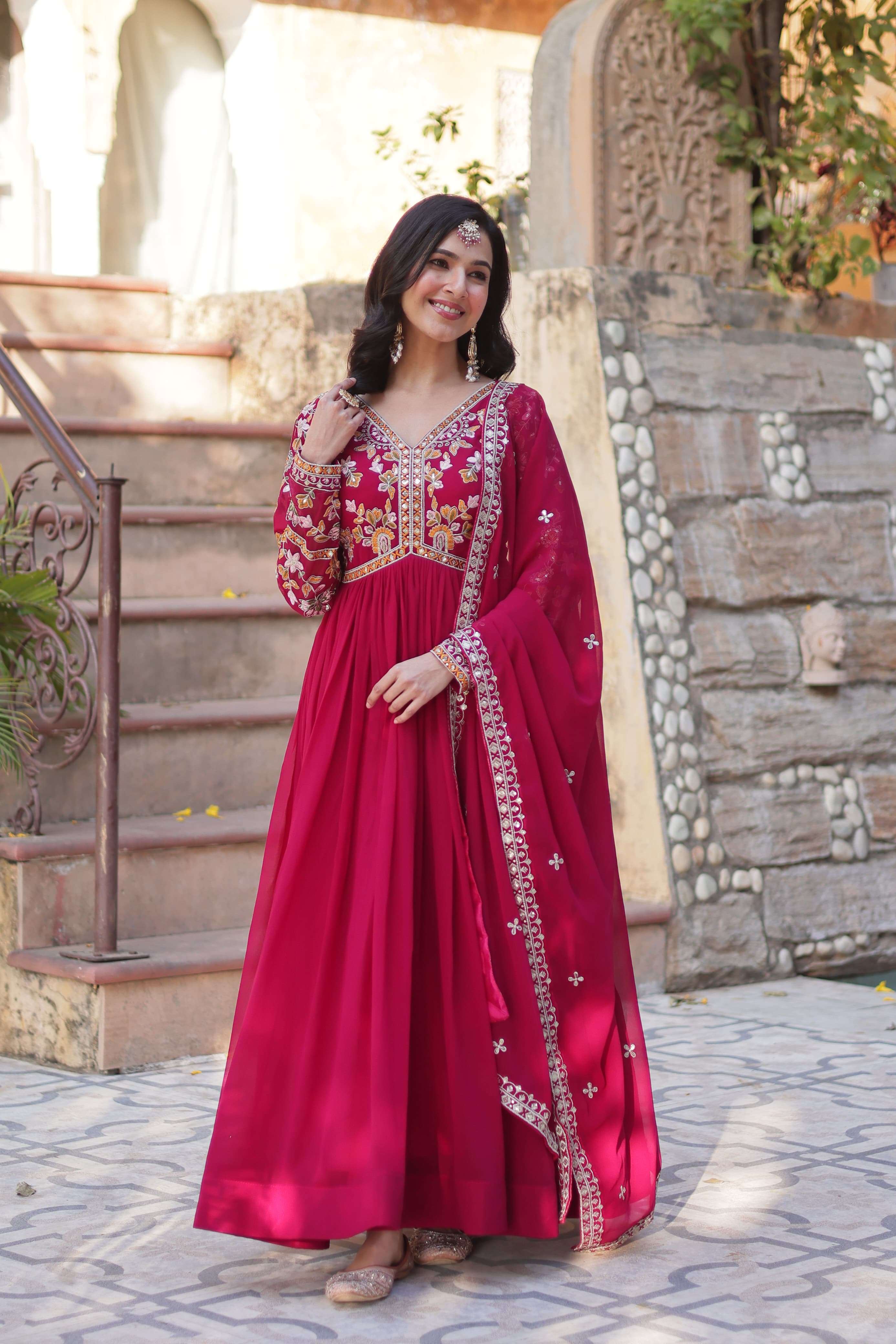 DESIGNER WEDDING PARTY WEAR HEAVY BLOOMING GEORGETTE RANI PINK ANARKALI SALWAR SUIT GOWN PC 1147 A