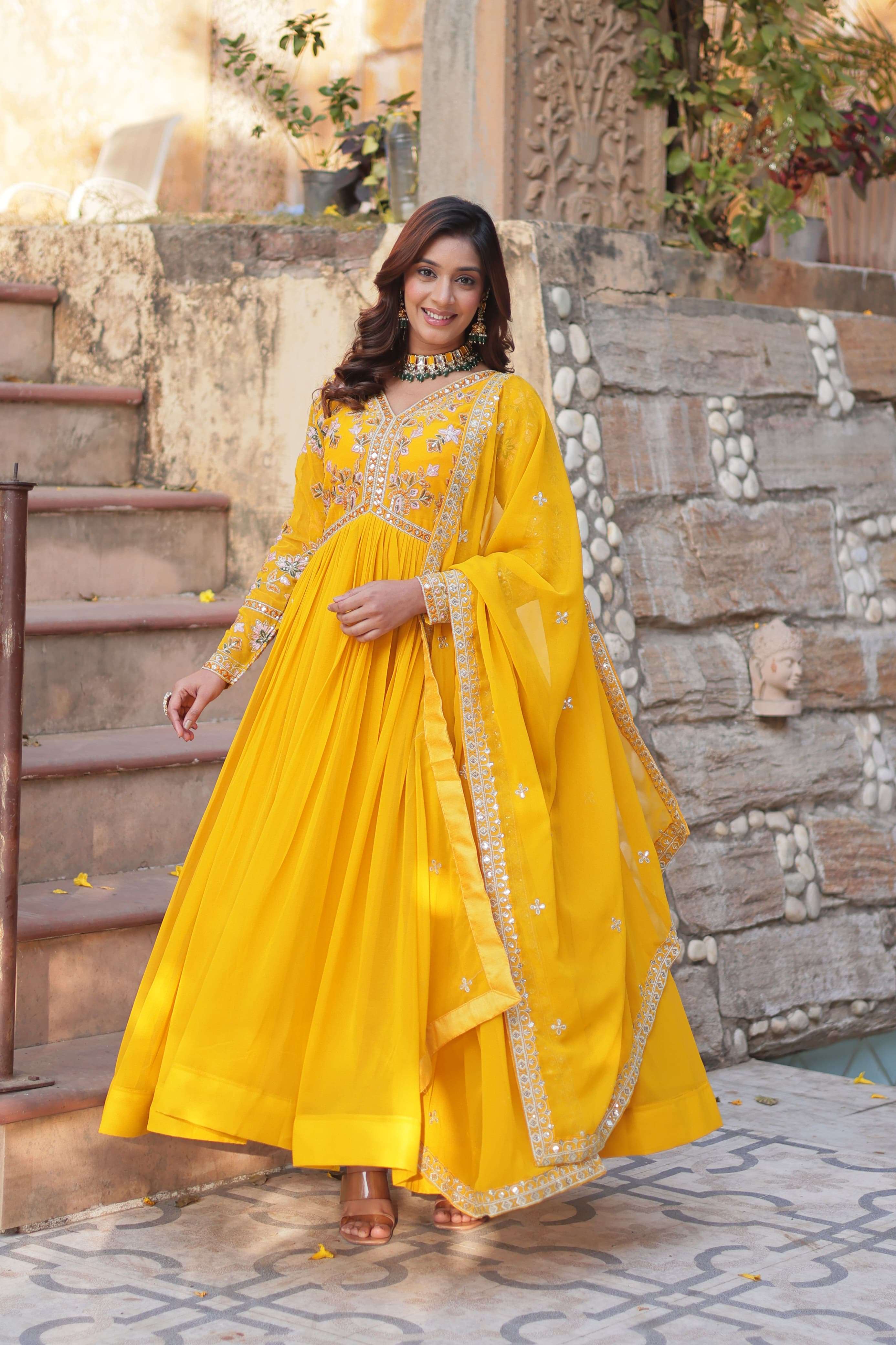 DESIGNER WEDDING PARTY WEAR HEAVY BLOOMING GEORGETTE YELLOW ANARKALI SALWAR SUIT GOWN PC 1147 B