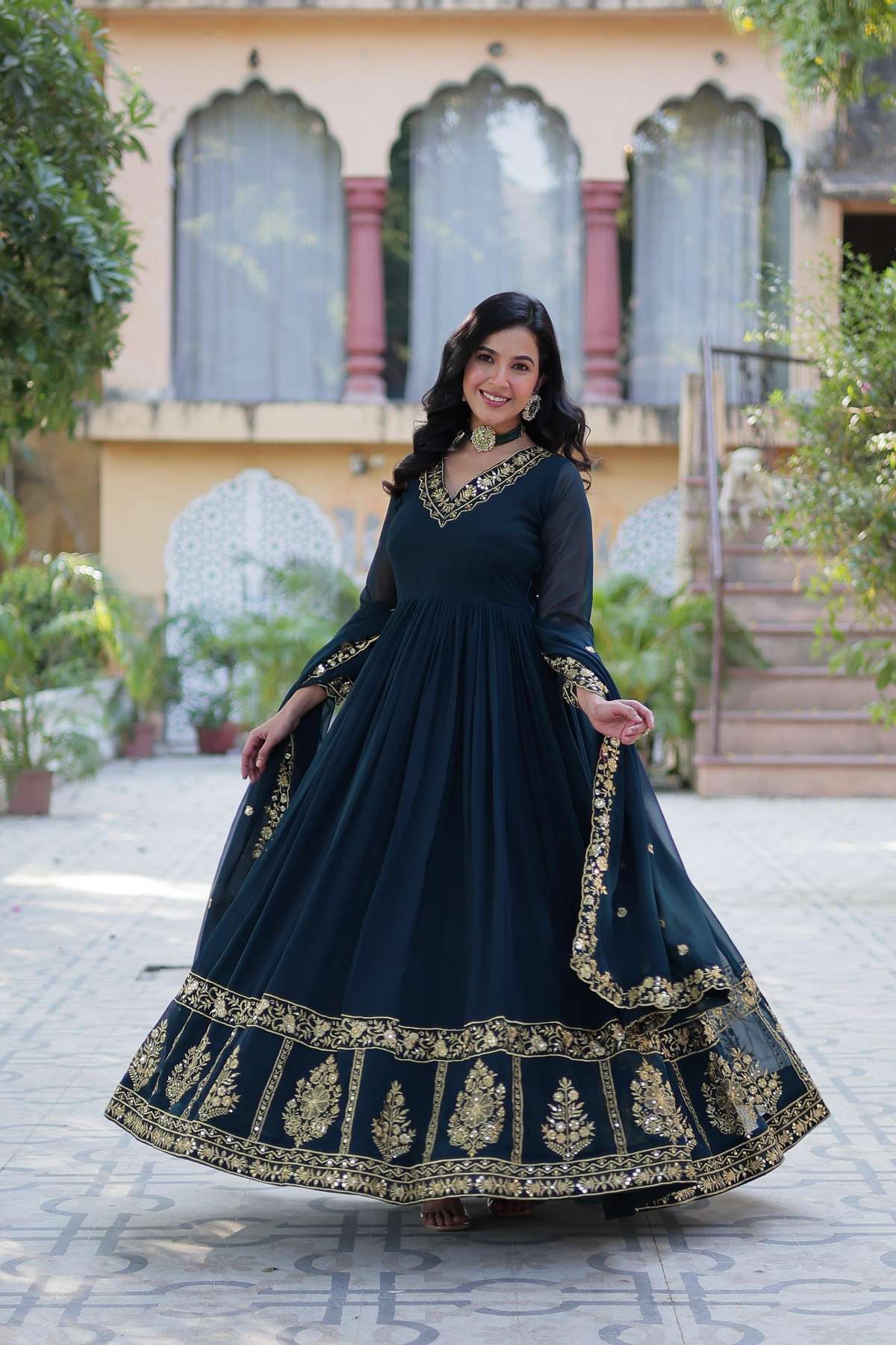 DESIGNER WEDDING PARTY WEAR HEAVY BLOOMING GEORGETTE BLUE ANARKALI SALWAR SUIT GOWN LW 9217 A