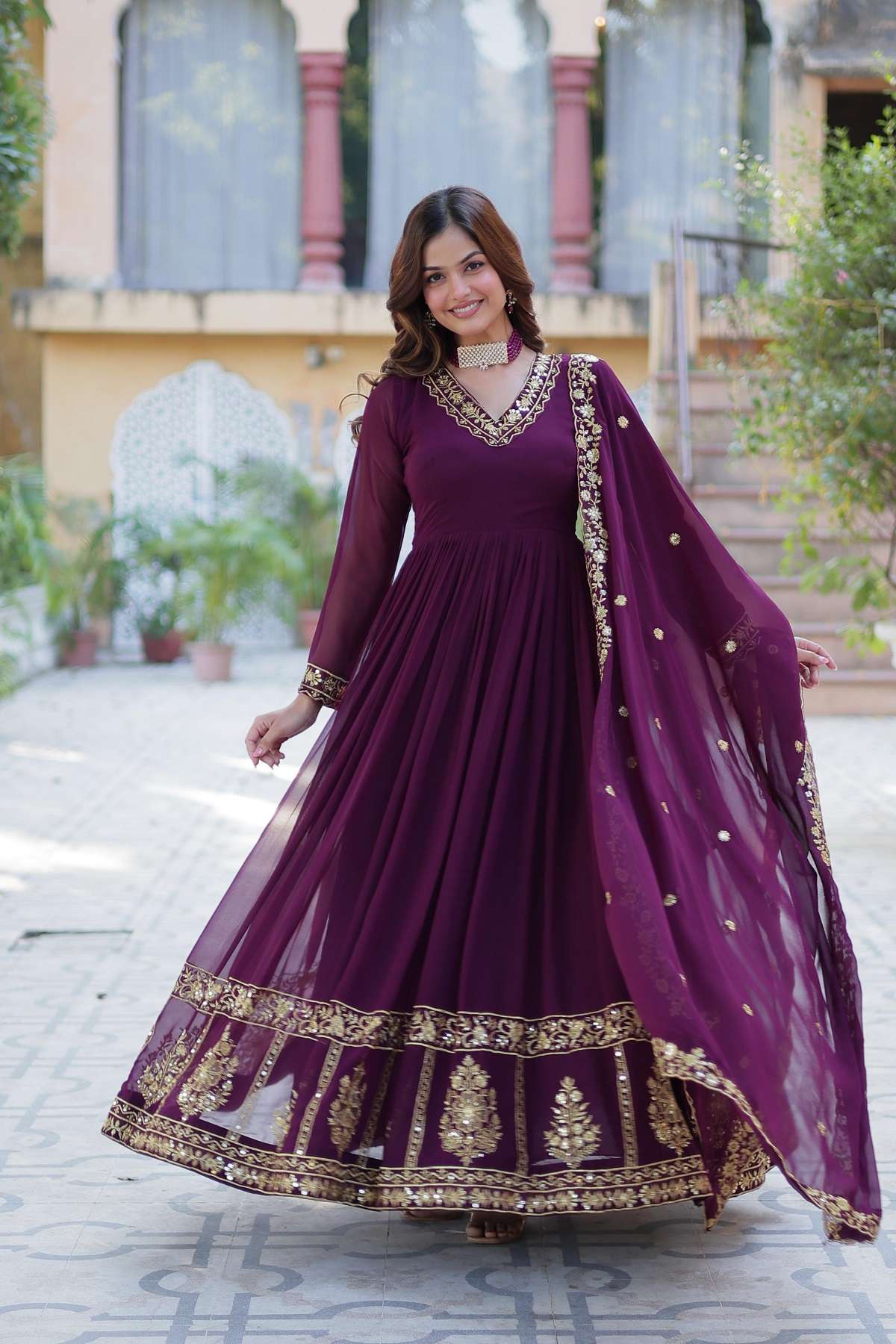 DESIGNER WEDDING PARTY WEAR HEAVY BLOOMING GEORGETTE WINE ANARKALI SALWAR SUIT GOWN LW 9217 B