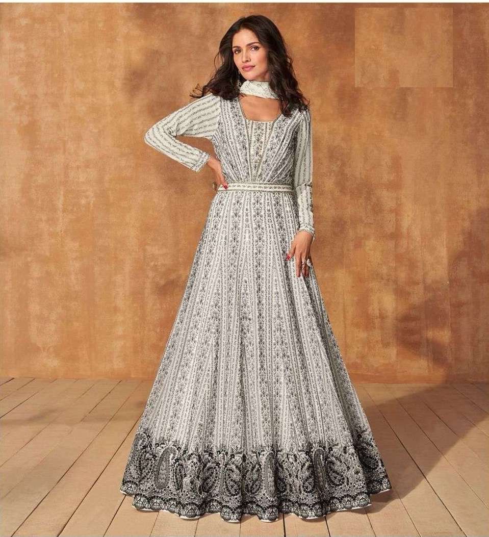 DESIGNER WEDDING PARTY WEAR HEAVY WHITE GEORGETTE ANARKALI SALWAR SUIT GOWN AF MAHIRA 5415