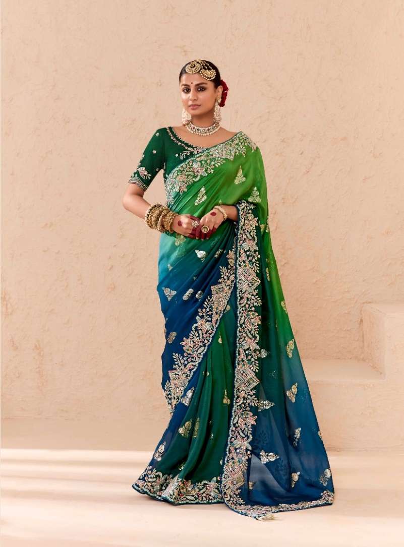 DESIGNER WEDDING PARTY WEAR INDIAN BEMBERGE BLUE GREEN FABCY SAREE COLLECTION SM KM SHEHNAAI 391