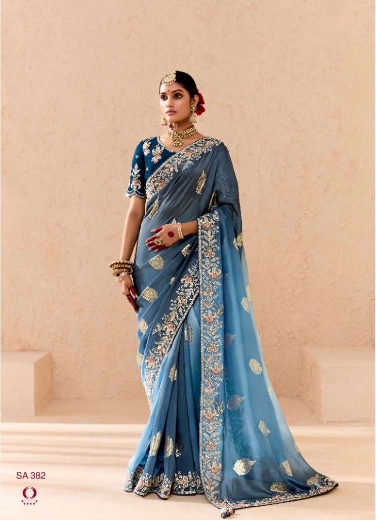 DESIGNER WEDDING PARTY WEAR INDIAN BEMBERGE FABRIC BLUE FANCY SAREE COLLECTION SM KM SHEHNAAI 382