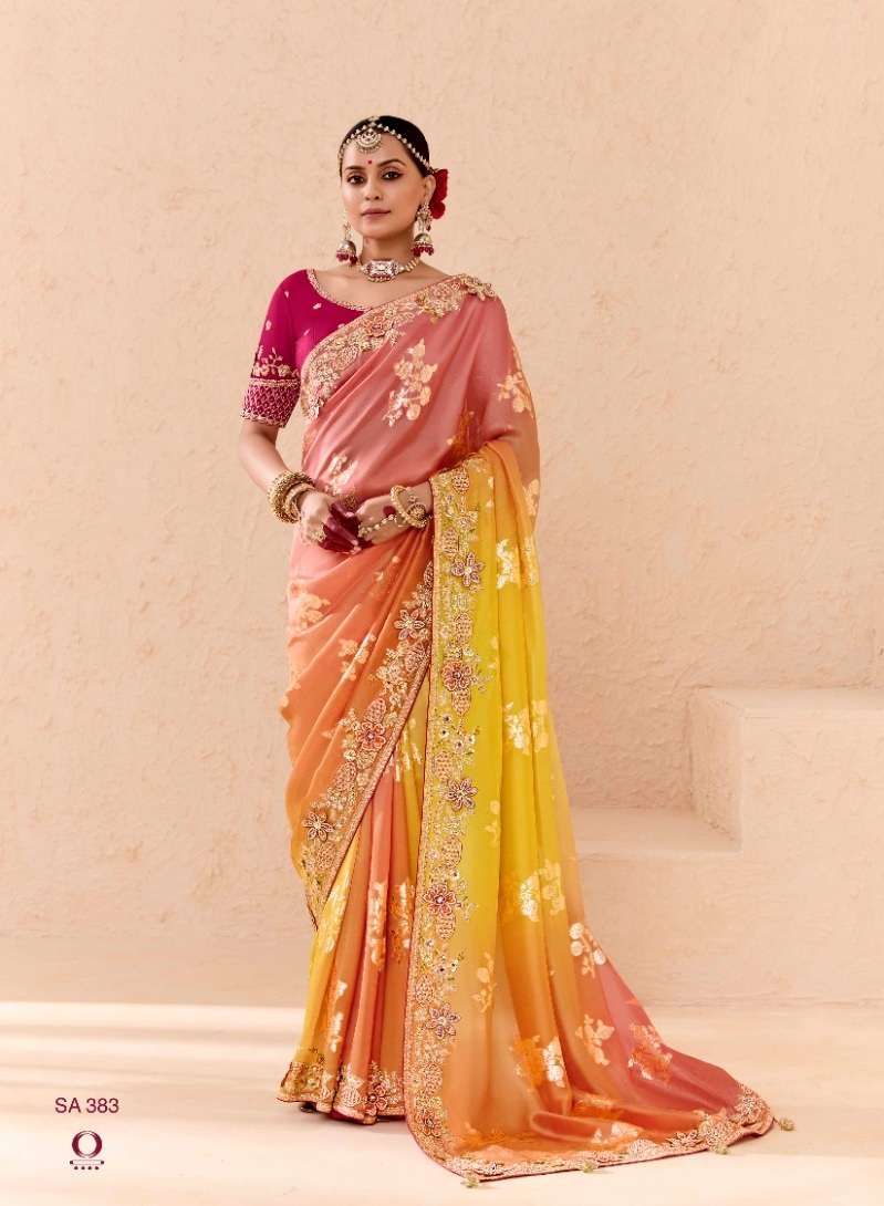 DESIGNER WEDDING PARTY WEAR INDIAN BEMBERGE FABRIC YELLOW PEACH SAREE COLLECTION SM KM SHEHNAAI 383