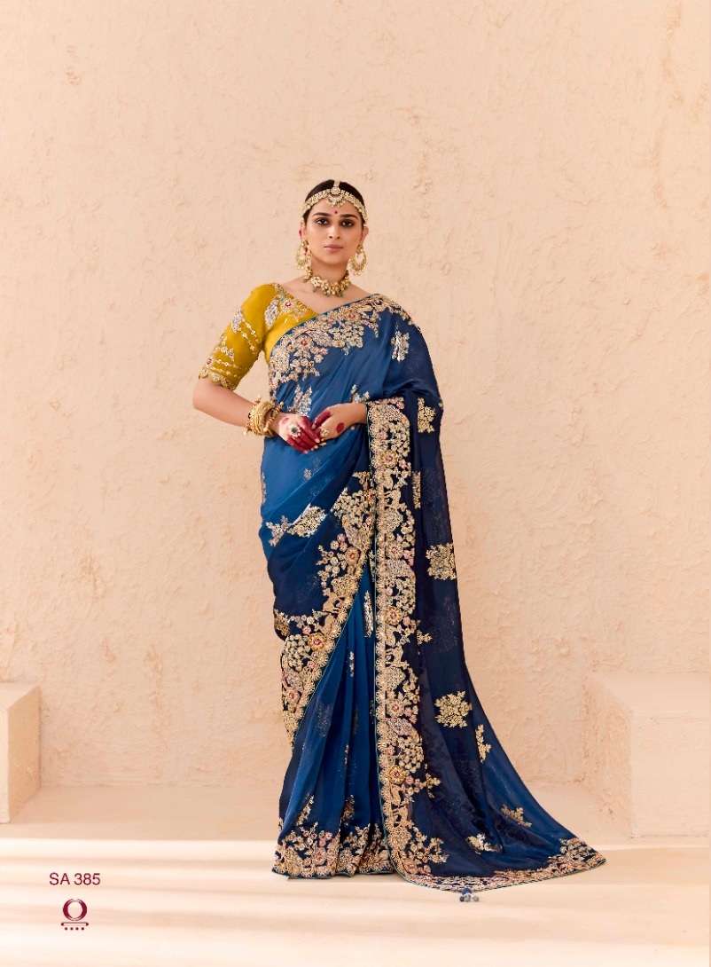 DESIGNER WEDDING PARTY WEAR INDIAN BEMBERGE FABRIC BLUE SAREE COLLECTION SM KM SHEHNAAI 385