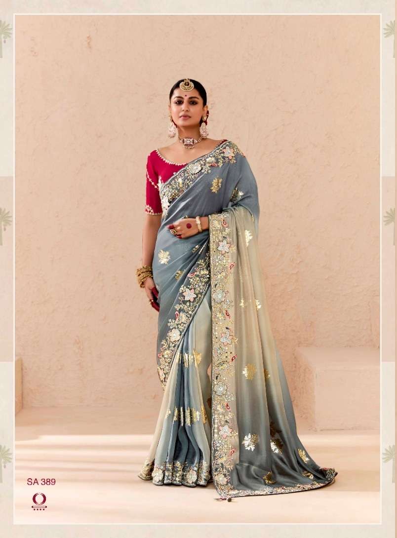 DESIGNER WEDDING PARTY WEAR INDIAN BEMBERGE FABRIC GREY BEIGE SAREE COLLECTION SM KM SHEHNAAI 389