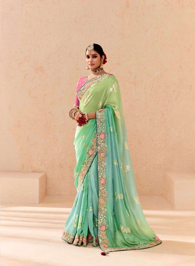 DESIGNER WEDDING PARTY WEAR INDIAN BEMBERGE GREEN BLUE FABCY SAREE COLLECTION SM KM SHEHNAAI 384