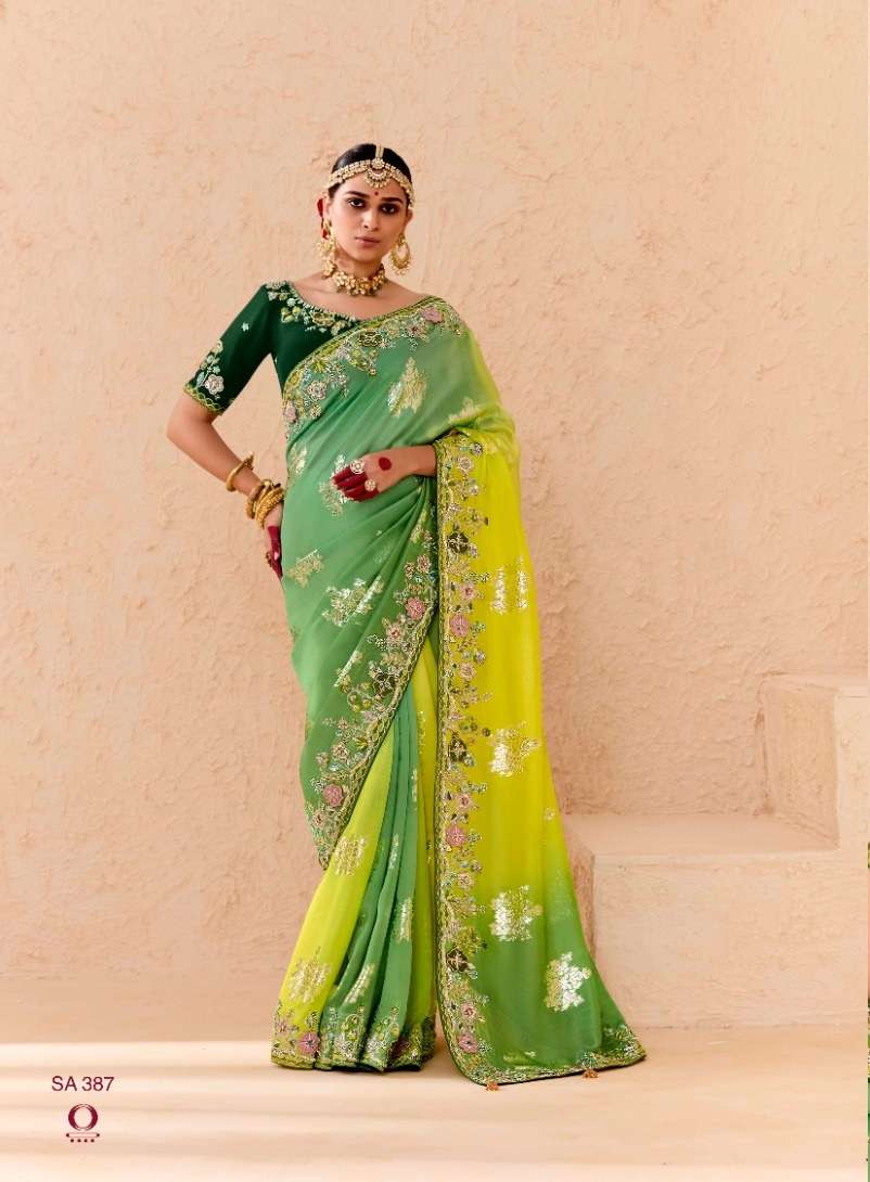 DESIGNER WEDDING PARTY WEAR INDIAN BEMBERGE GREEN YELLOW FABCY SAREE COLLECTION SM KM SHEHNAAI 387