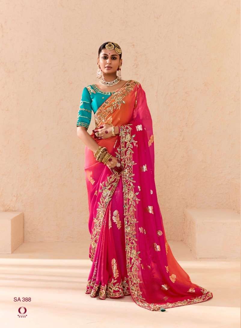 DESIGNER WEDDING PARTY WEAR INDIAN BEMBERGE RED ORANGE FABCY SAREE COLLECTION SM KM SHEHNAAI 388