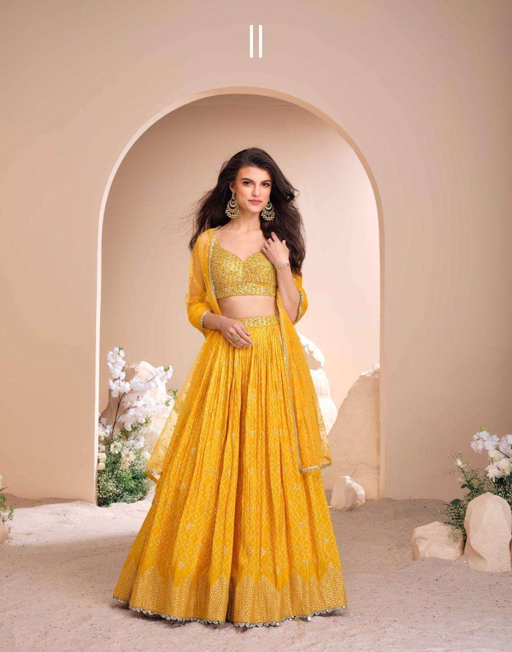 DESIGNER WEDDING PARTY WEAR MULTICOLOR HEAVY YELLOW JAQUARD SILK LEHENGA CHOLI SY SWAYMWAR 5697