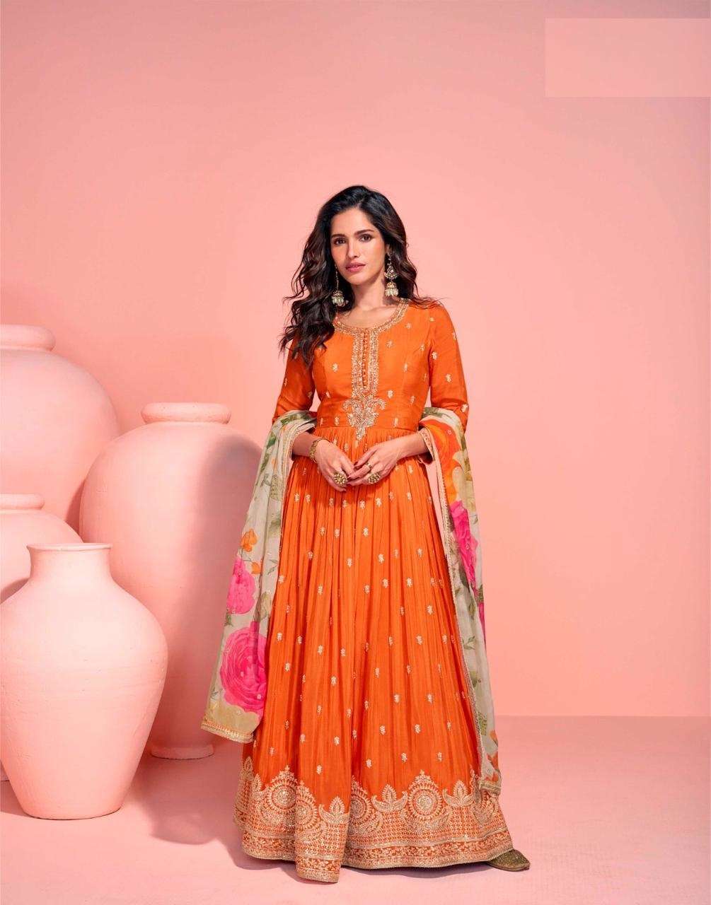 DESIGNER WEDDING PARTY WEAR REAL CHINON SILK ORANGE ANARKALI SALWAR SUIT GOWN SY MAYURI 5793