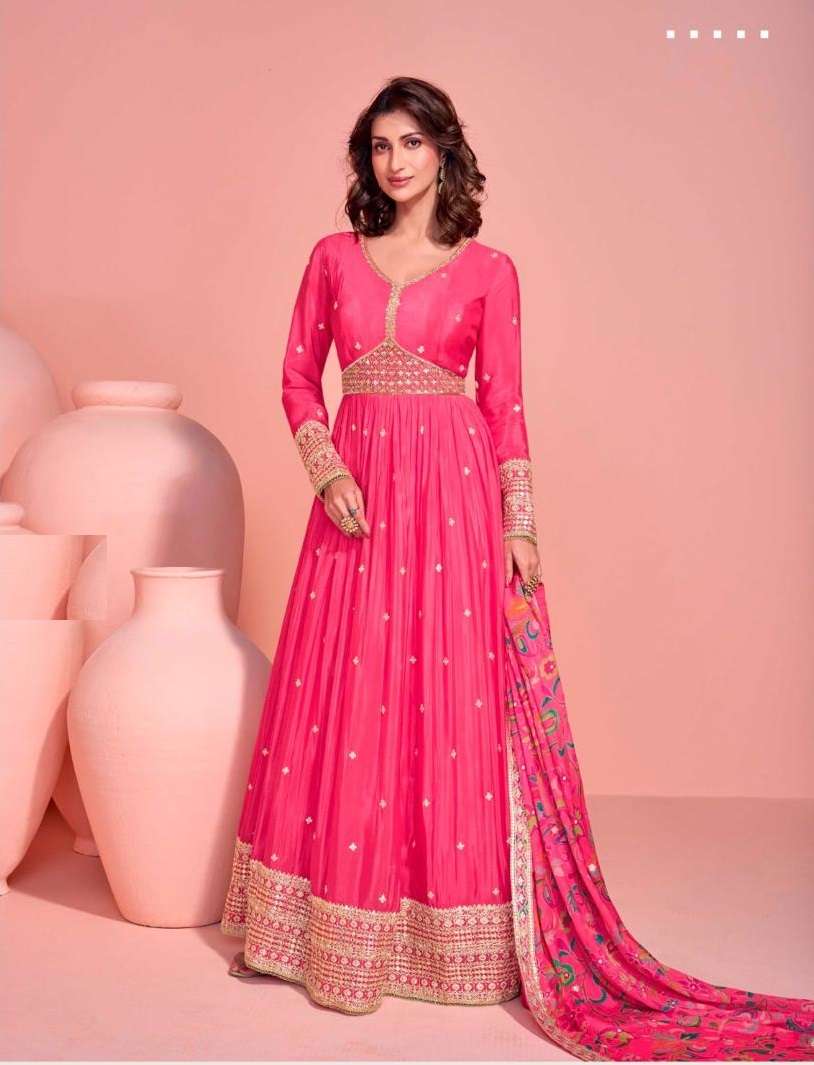 DESIGNER WEDDING PARTY WEAR REAL CHINON SILK PINK ANARKALI SALWAR SUIT GOWN SY MAYURI 5794