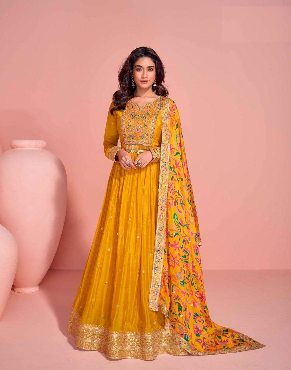 DESIGNER WEDDING PARTY WEAR REAL CHINON SILK YELLOW ANARKALI SALWAR SUIT GOWN SY MAYURI 5792