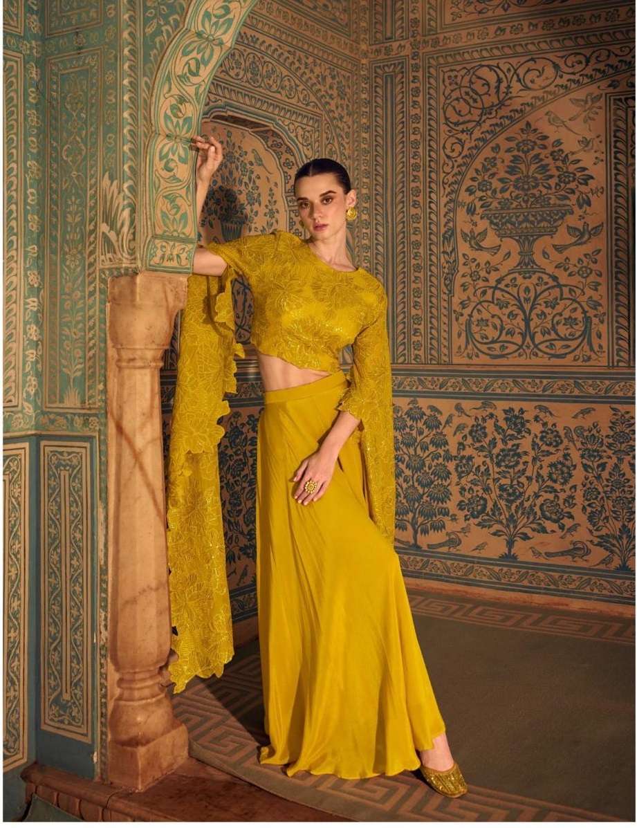 DESIGNER WEDDING PARTY WEAR REAL CHINON YELLOW KOTI SHARARA SALWAR SUIT SY RUCHIKA 5739