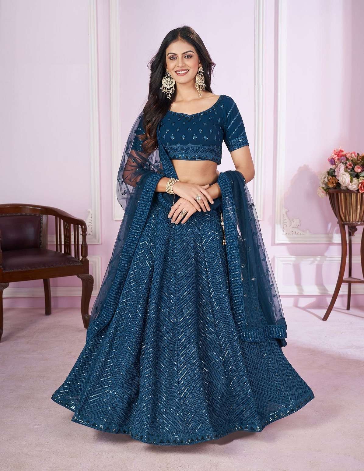 INDIAN DESIGNER BOLLYWOOD WEDDING PARTY WEAR BLUE GEORGETTE LEHENGA ZC VAMIKA CHOLI 5089