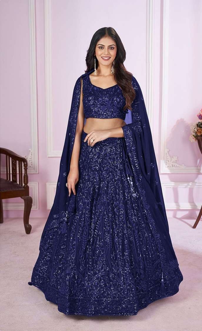 INDIAN DESIGNER BOLLYWOOD WEDDING PARTY WEAR BLUE GEORGETTE LEHENGA ZC VAMIKA CHOLI 5090