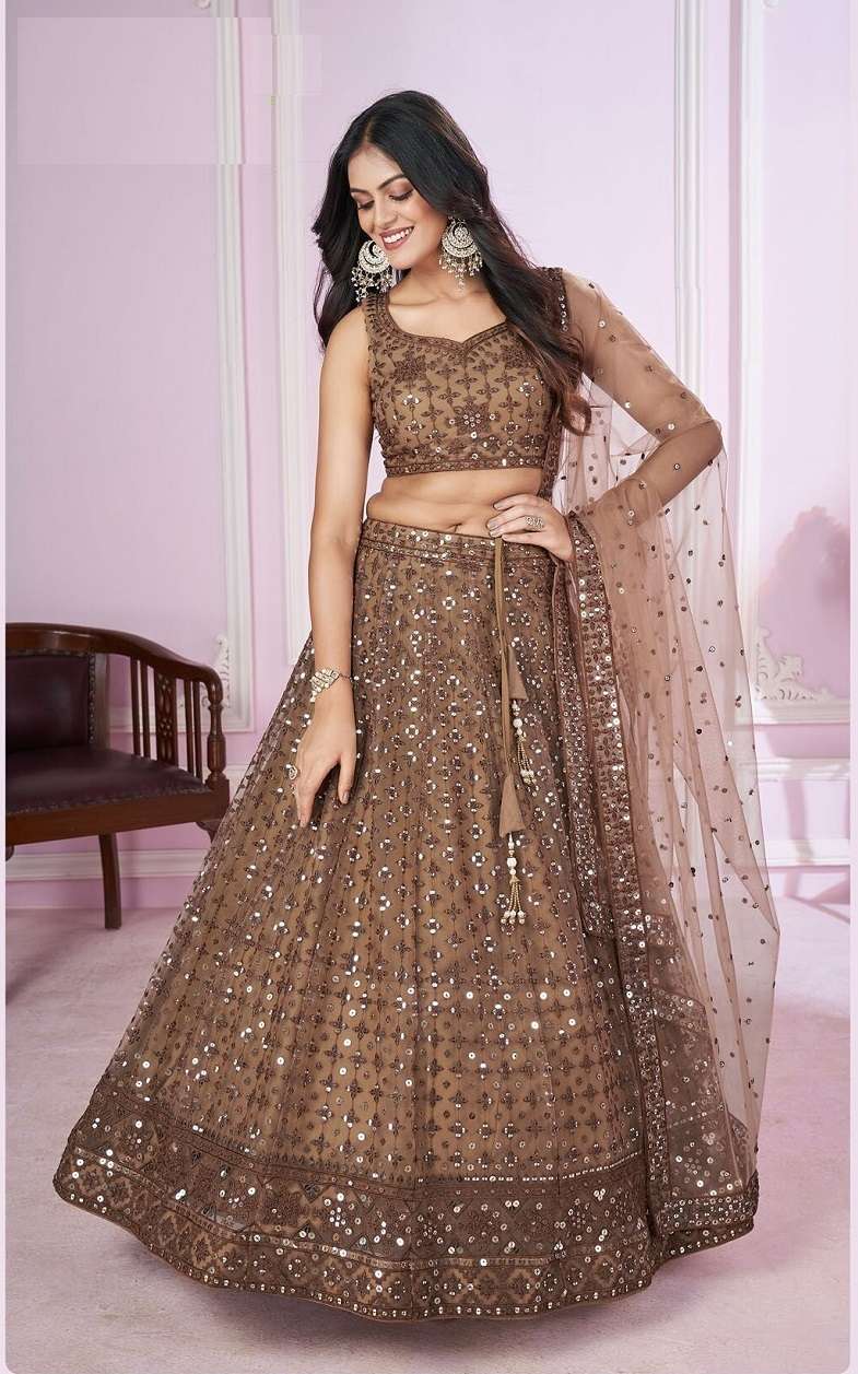 INDIAN DESIGNER BOLLYWOOD WEDDING PARTY WEAR BROWN NET LEHENGA ZC VAMIKA CHOLI 5110