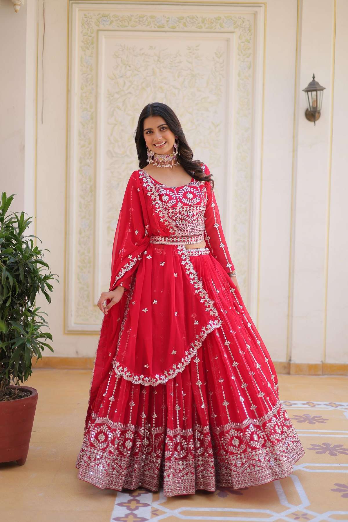 INDIAN DESIGNER BOLLYWOOD WEDDING PARTY WEAR FAUX GEIRGETTE RED LEHENGA CHOLI PC 85 A