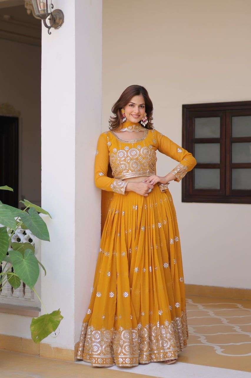 INDIAN DESIGNER BOLLYWOOD WEDDING PARTY WEAR FAUX GEORGETTE YELLOW LEHENGA CHOLI PC 71 COLOR