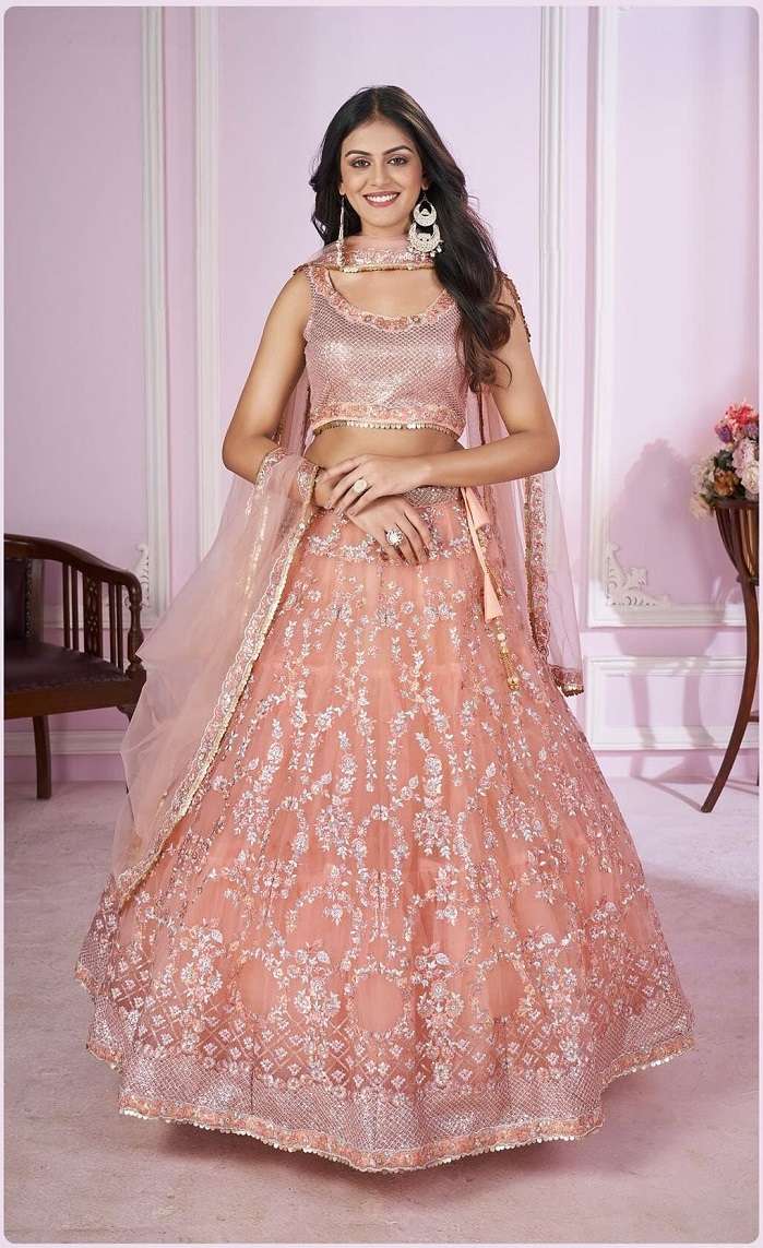 INDIAN DESIGNER BOLLYWOOD WEDDING PARTY WEAR PINK NET LEHENGA ZC VAMIKA CHOLI 5016