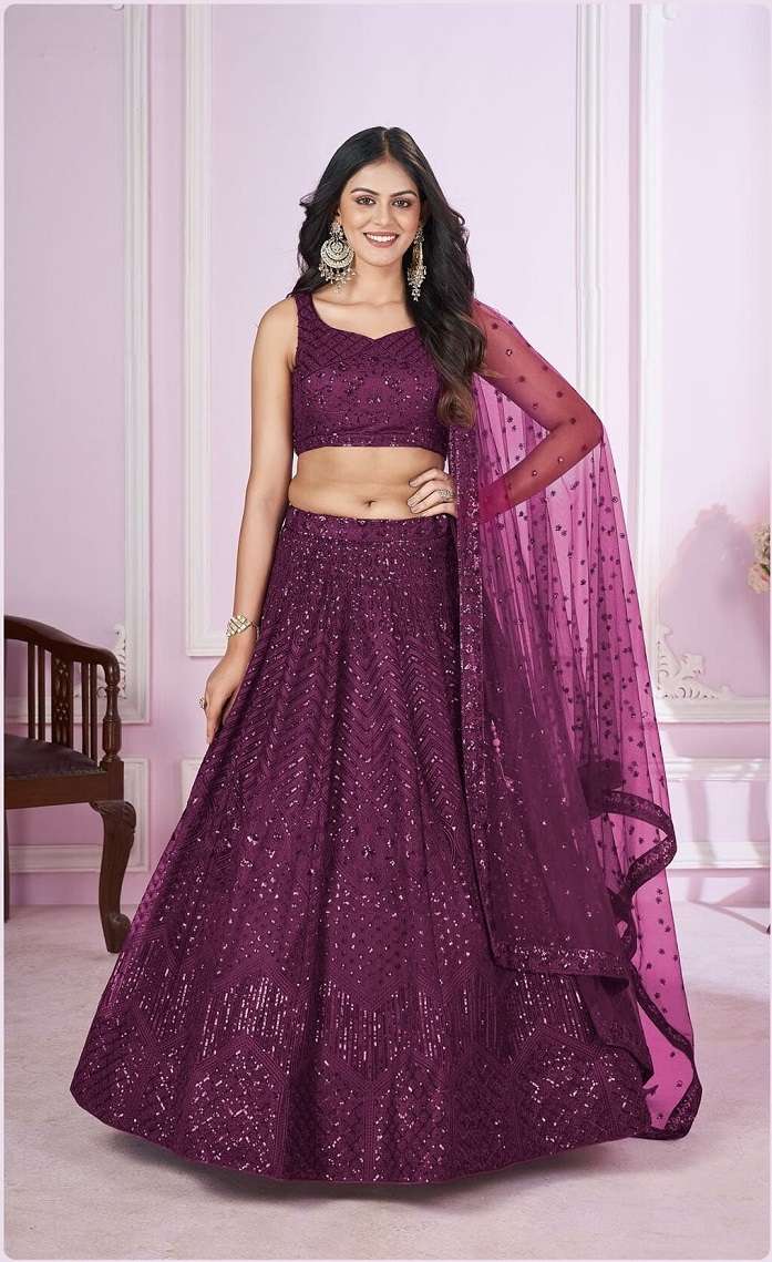 INDIAN DESIGNER BOLLYWOOD WEDDING PARTY WEAR PUEPLE NET LEHENGA ZC VAMIKA CHOLI 5103