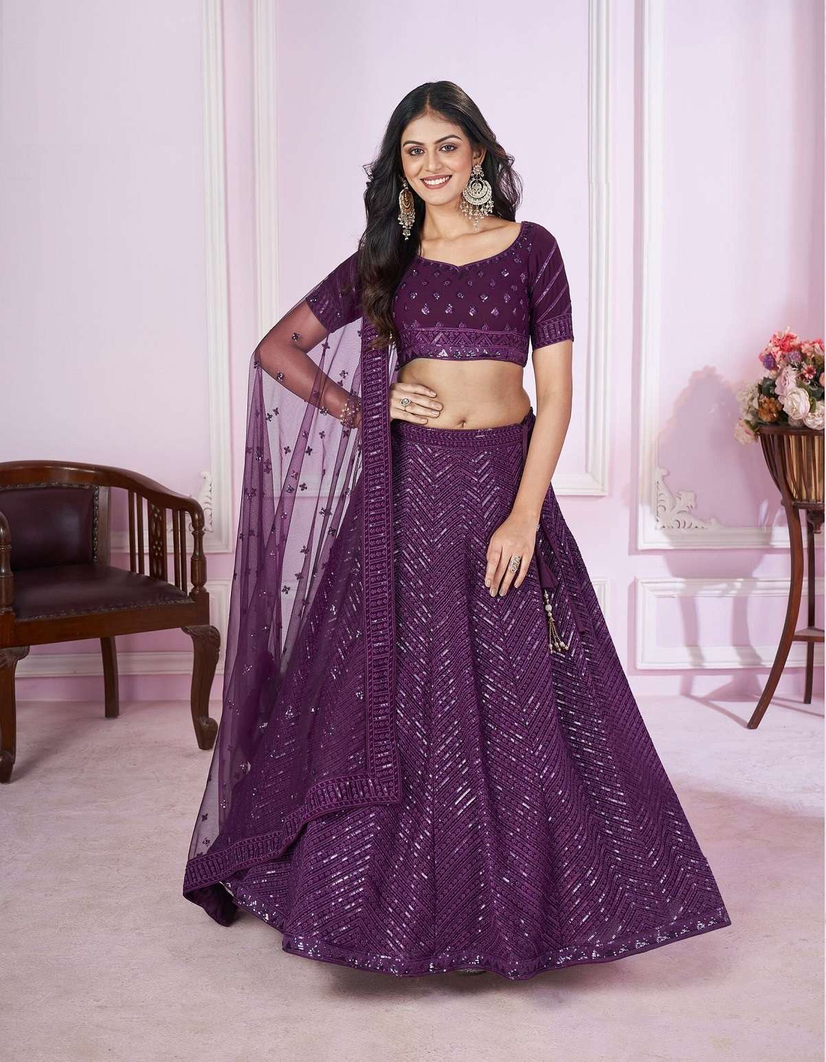 INDIAN DESIGNER BOLLYWOOD WEDDING PARTY WEAR PURPLE GEORGETTE LEHENGA ZC VAMIKA CHOLI 5089