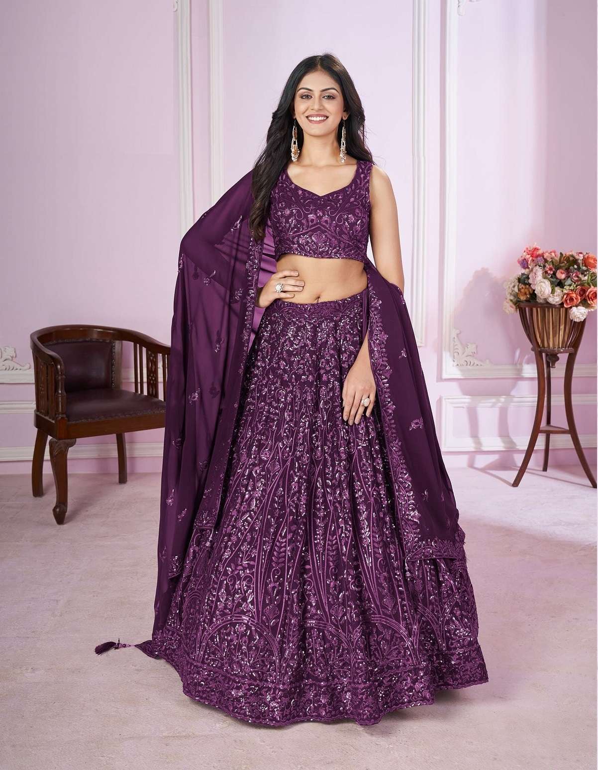 INDIAN DESIGNER BOLLYWOOD WEDDING PARTY WEAR PURPLE GEORGETTE LEHENGA ZC VAMIKA CHOLI 5090