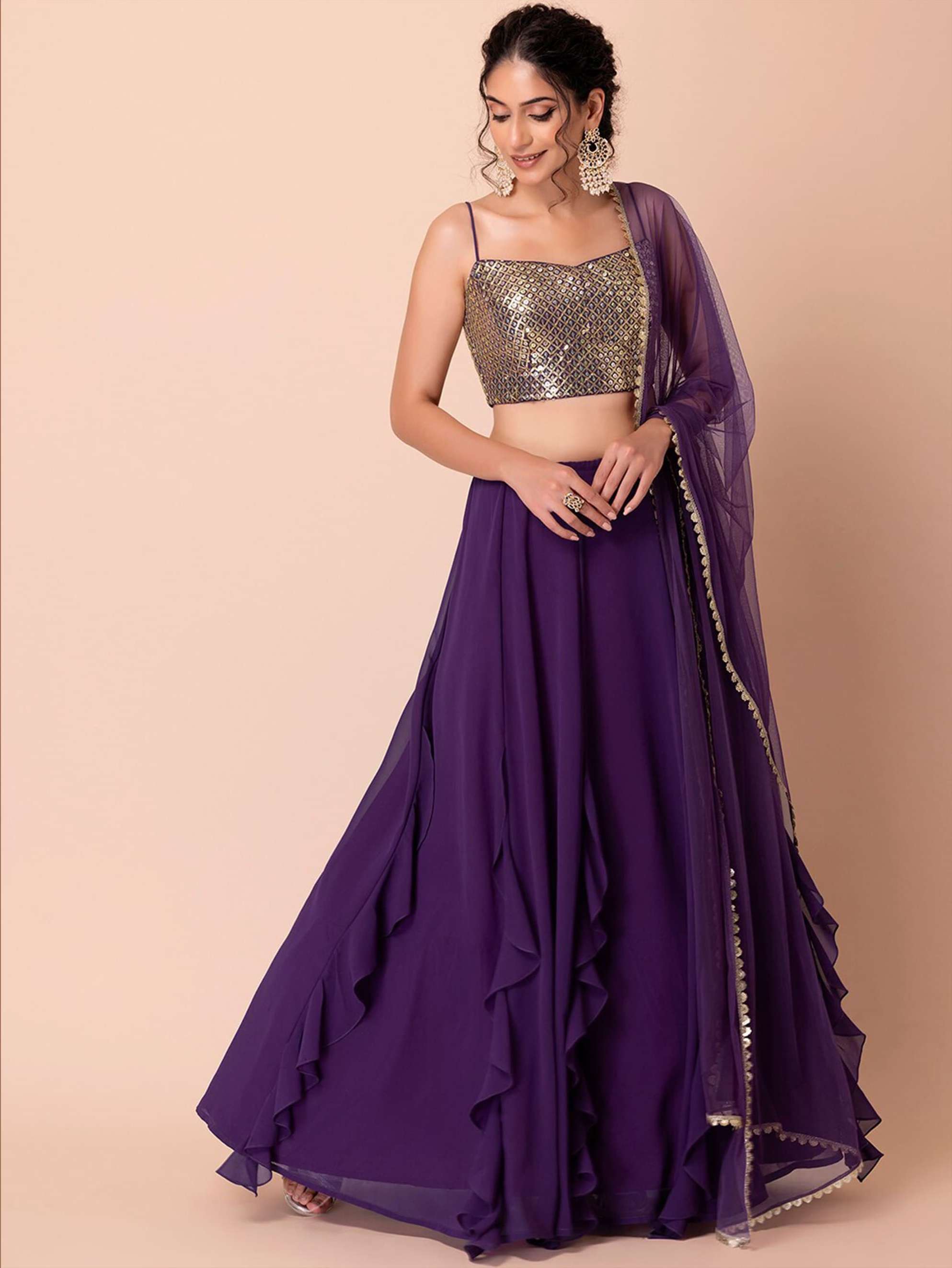 INDIAN DESIGNER BOLLYWOOD WEDDING PARTY WEAR PURPLE GEORGETTE LEHENGA CHOLI ZC 15072