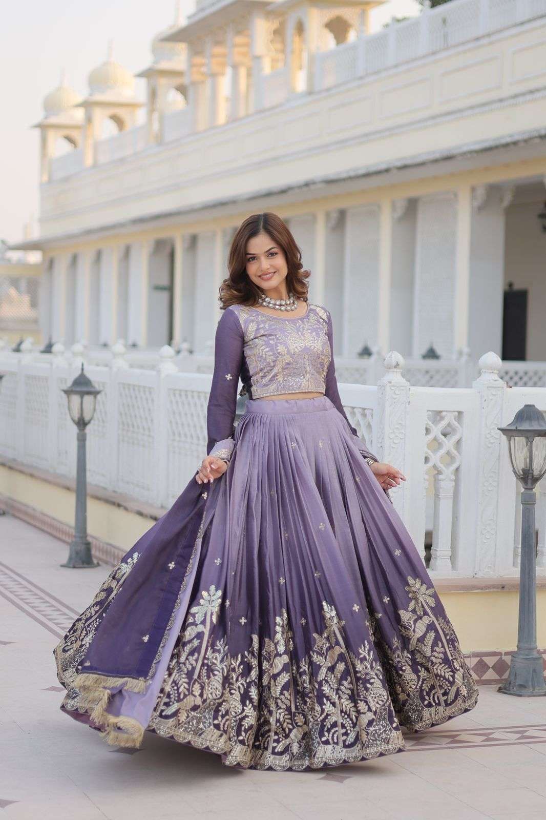 INDIAN DESIGNER BOLLYWOOD WEDDING PARTY WEAR REAL CHINON LAVENDER LEHENGA CHOLI PC 78 COLOR A