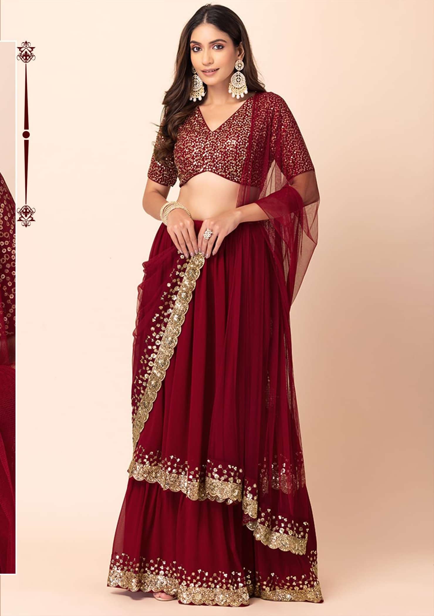 INDIAN DESIGNER BOLLYWOOD WEDDING PARTY WEAR RED GEORGETTE LEHENGA CHOLI ZC 15066