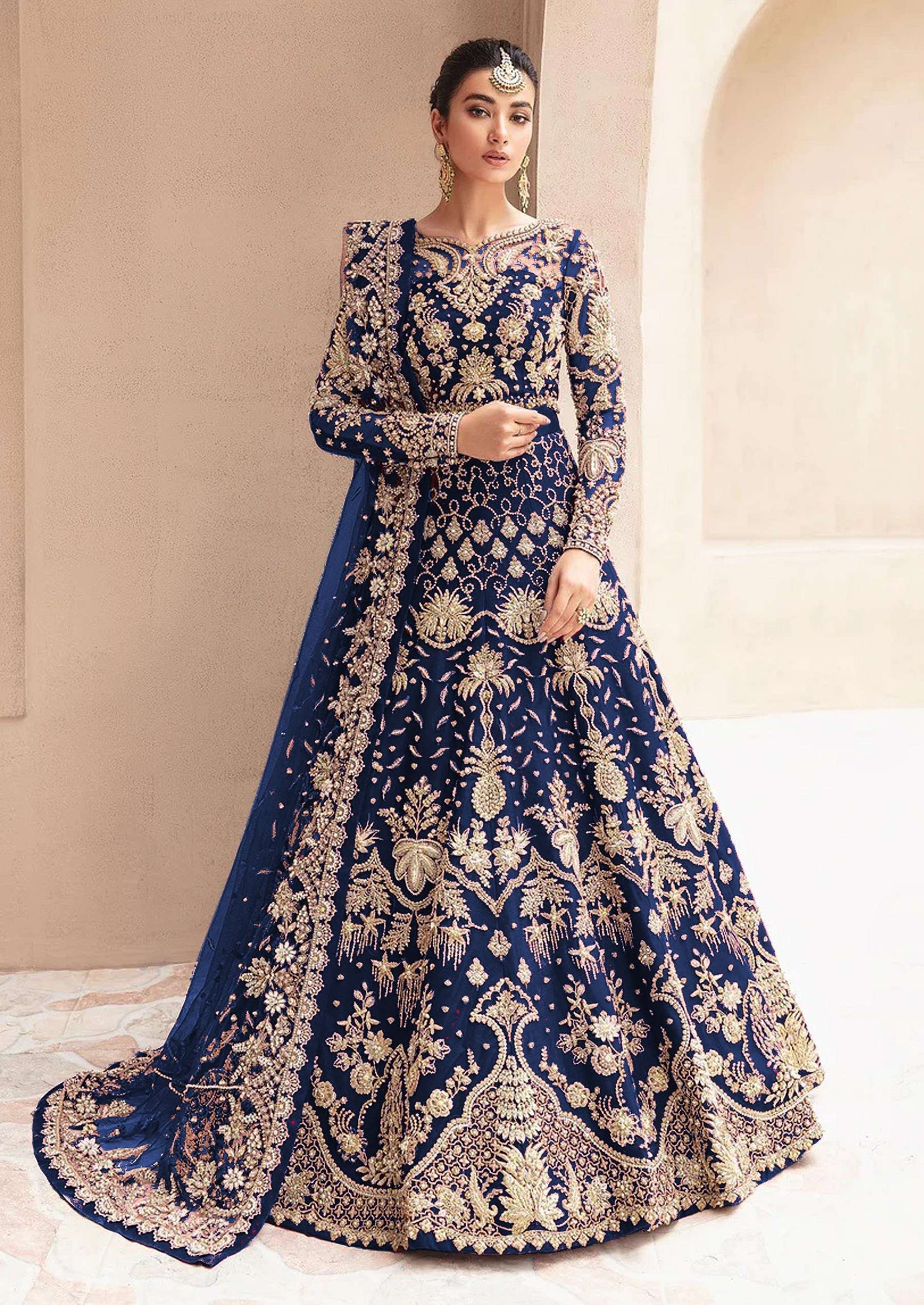 LATEST 2023 DESIGNER ANARKALI PARTY WEAR BLUE SALWAR SUIT LONG GOWN IN BUTTERFLY NET KB 1080 C