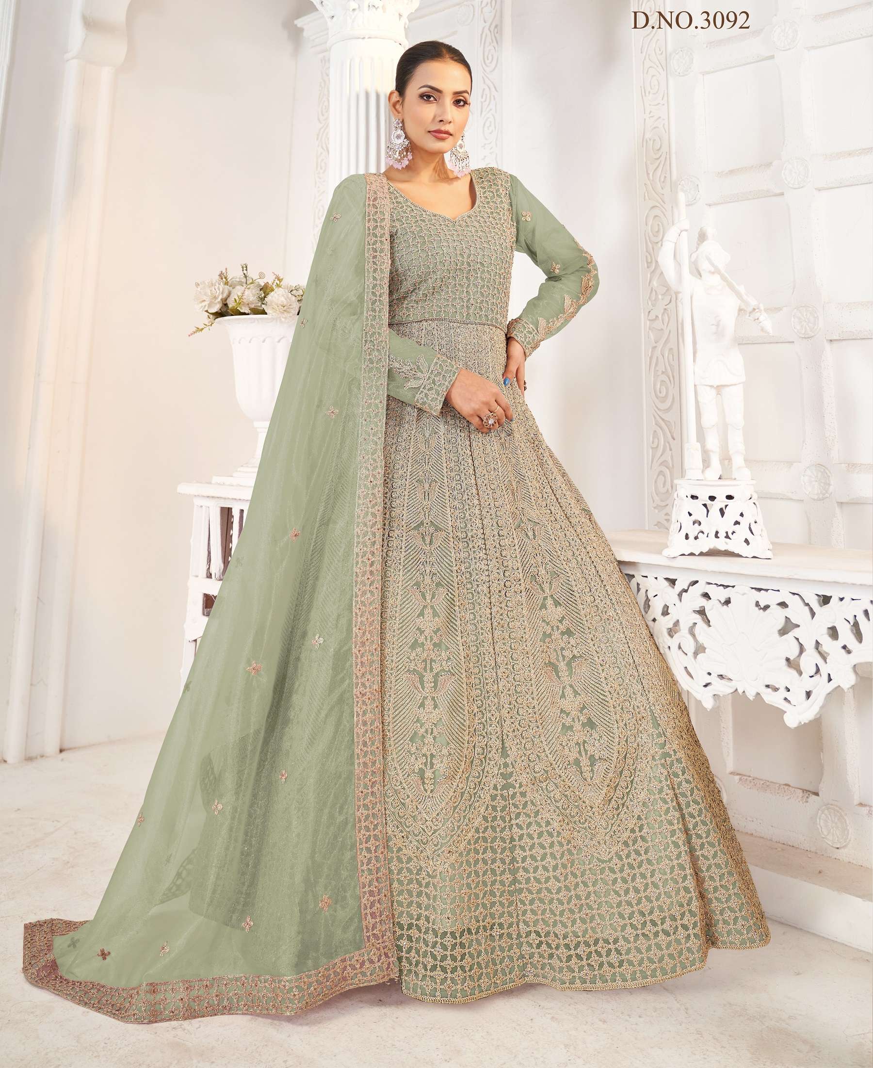 LATEST 2023 DESIGNER ANARKALI PARTY WEAR GREEN SALWAR SUIT LONG GOWN IN BUTTERFLY NET SENHORA IBADAT 3092