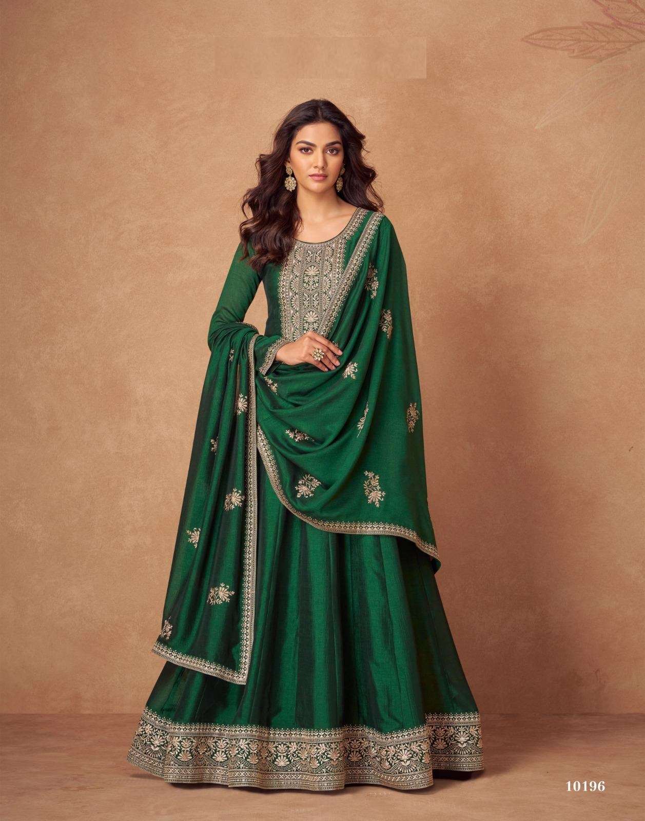 LATEST 2023 DESIGNER ANARKALI PARTY WEAR GREEN SILK SALWAR SUIT LONG GOWN AF RASHMIKA 10196