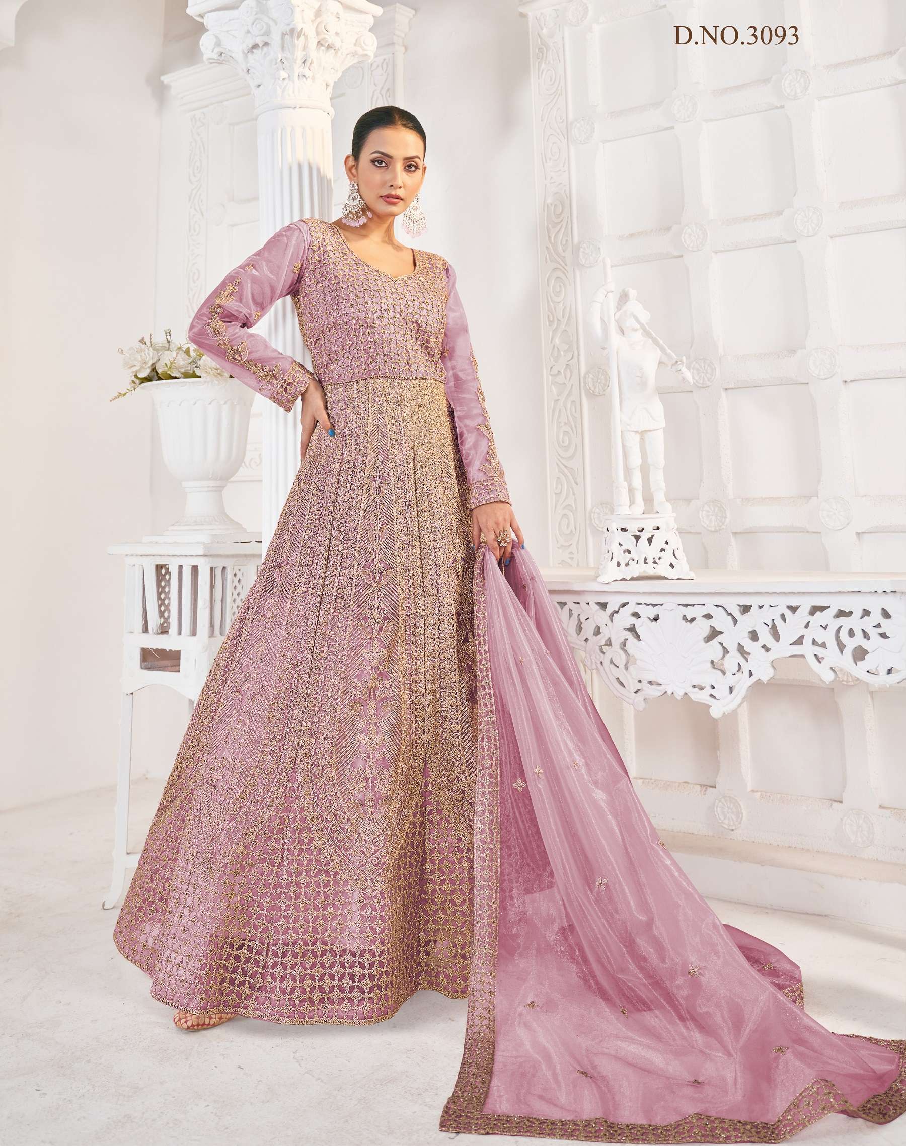 LATEST 2023 DESIGNER ANARKALI PARTY WEAR PINK SALWAR SUIT LONG GOWN IN BUTTERFLY NET SENHORA IBADAT 3093