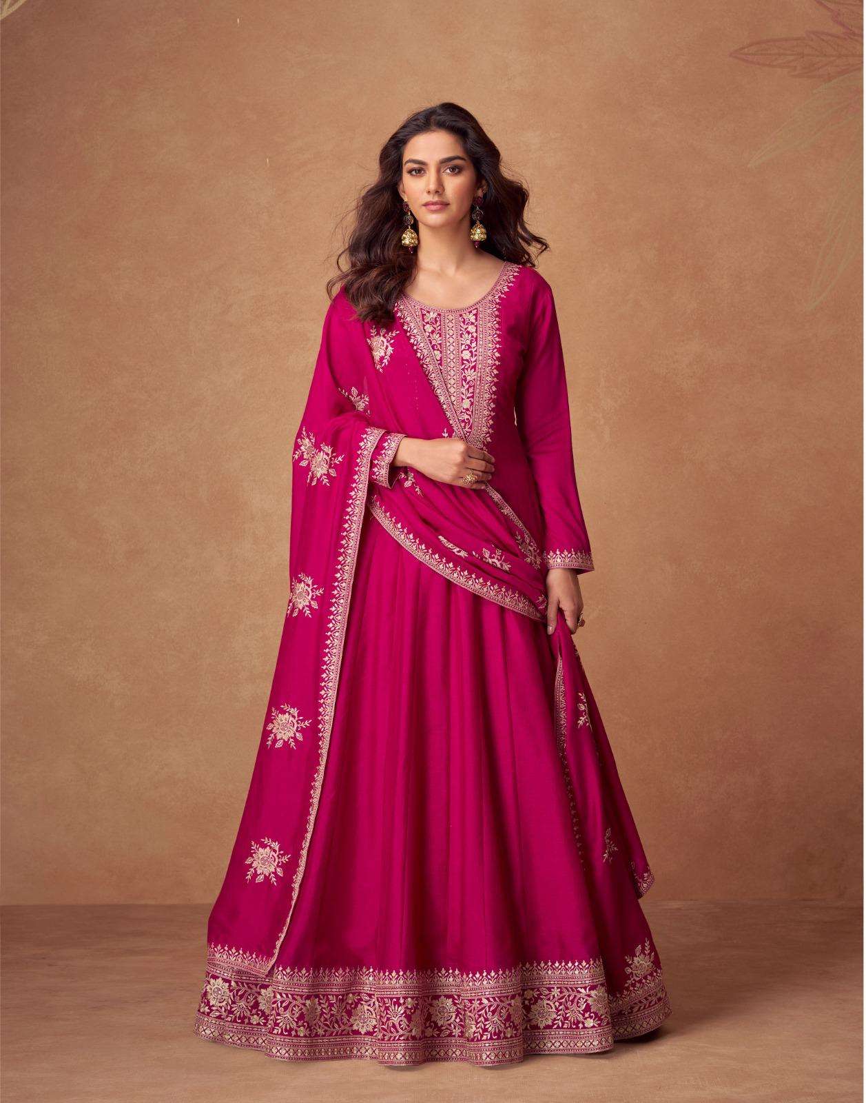 LATEST 2023 DESIGNER ANARKALI PARTY WEAR PINK SILK SALWAR SUIT LONG GOWN AF RASHMIKA 10200