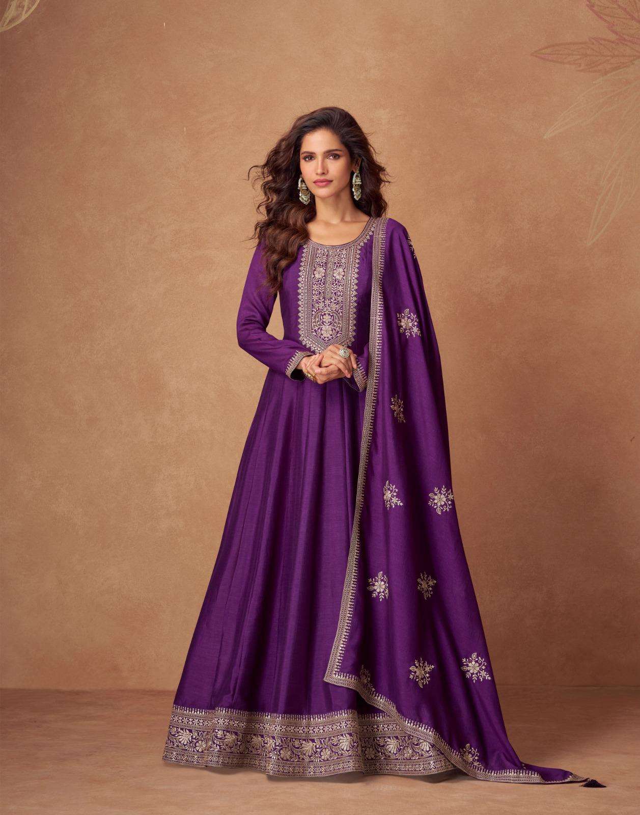 LATEST 2023 DESIGNER ANARKALI PARTY WEAR PURPLE SILK SALWAR SUIT LONG GOWN AF RASHMIKA 10197