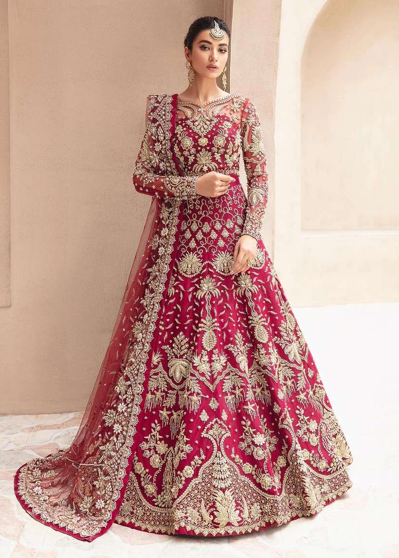 LATEST 2023 DESIGNER ANARKALI PARTY WEAR RED SALWAR SUIT LONG GOWN IN BUTTERFLY NET KB 1080 A