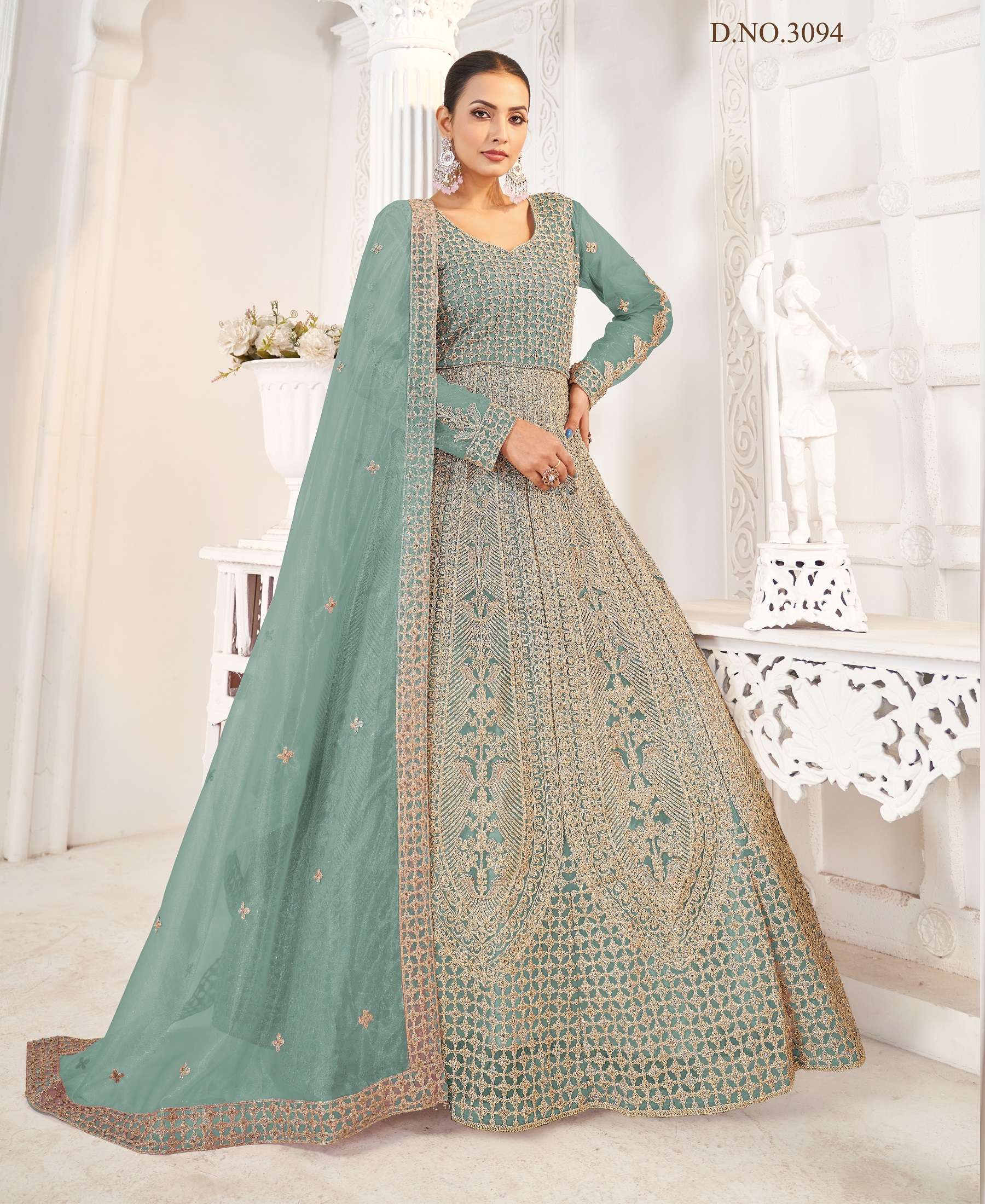 LATEST 2023 DESIGNER ANARKALI PARTY WEAR SKY BLUE SALWAR SUIT LONG GOWN IN BUTTERFLY NET SENHORA IBADAT 3094