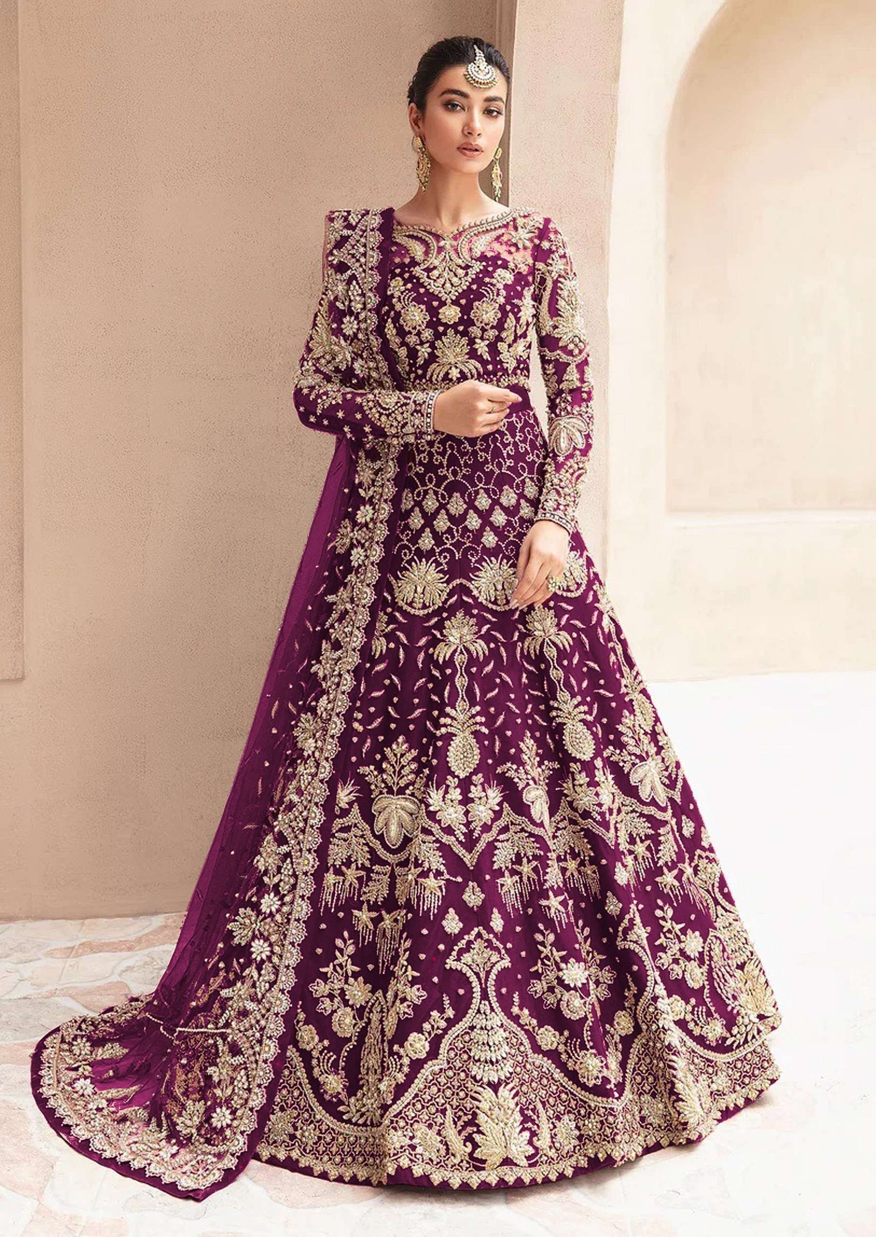 LATEST 2023 DESIGNER ANARKALI PARTY WEAR WINE SALWAR SUIT LONG GOWN IN BUTTERFLY NET KB 1080 B