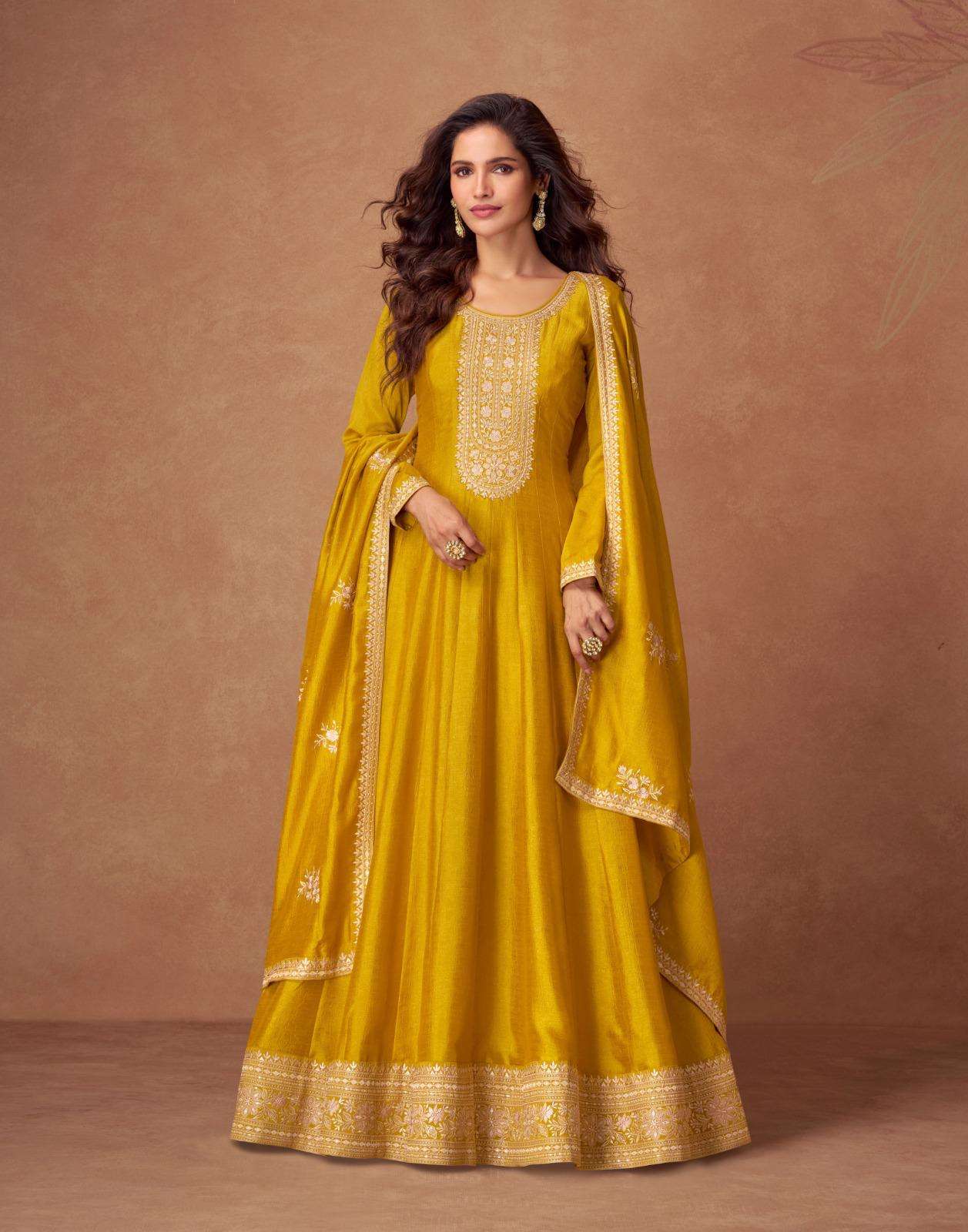 LATEST 2023 DESIGNER ANARKALI PARTY WEAR YELLOW SILK SALWAR SUIT LONG GOWN AF RASHMIKA 10199