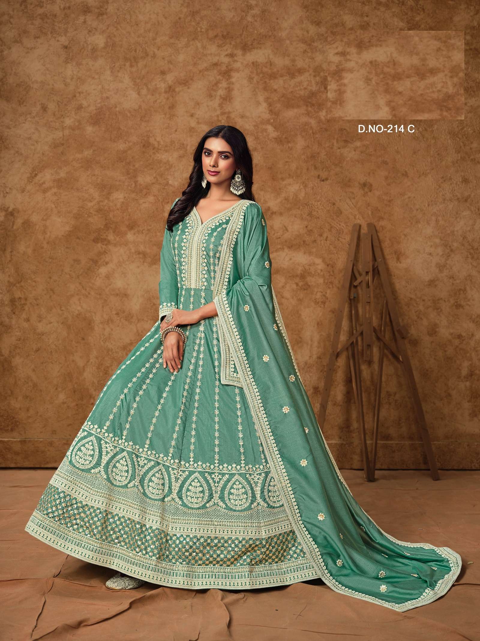 LATEST DESIGNER ANARKALI PARTY WEAR DOLLA SILK BLUE SALWAR SUIT LONG GOWN ANY 214