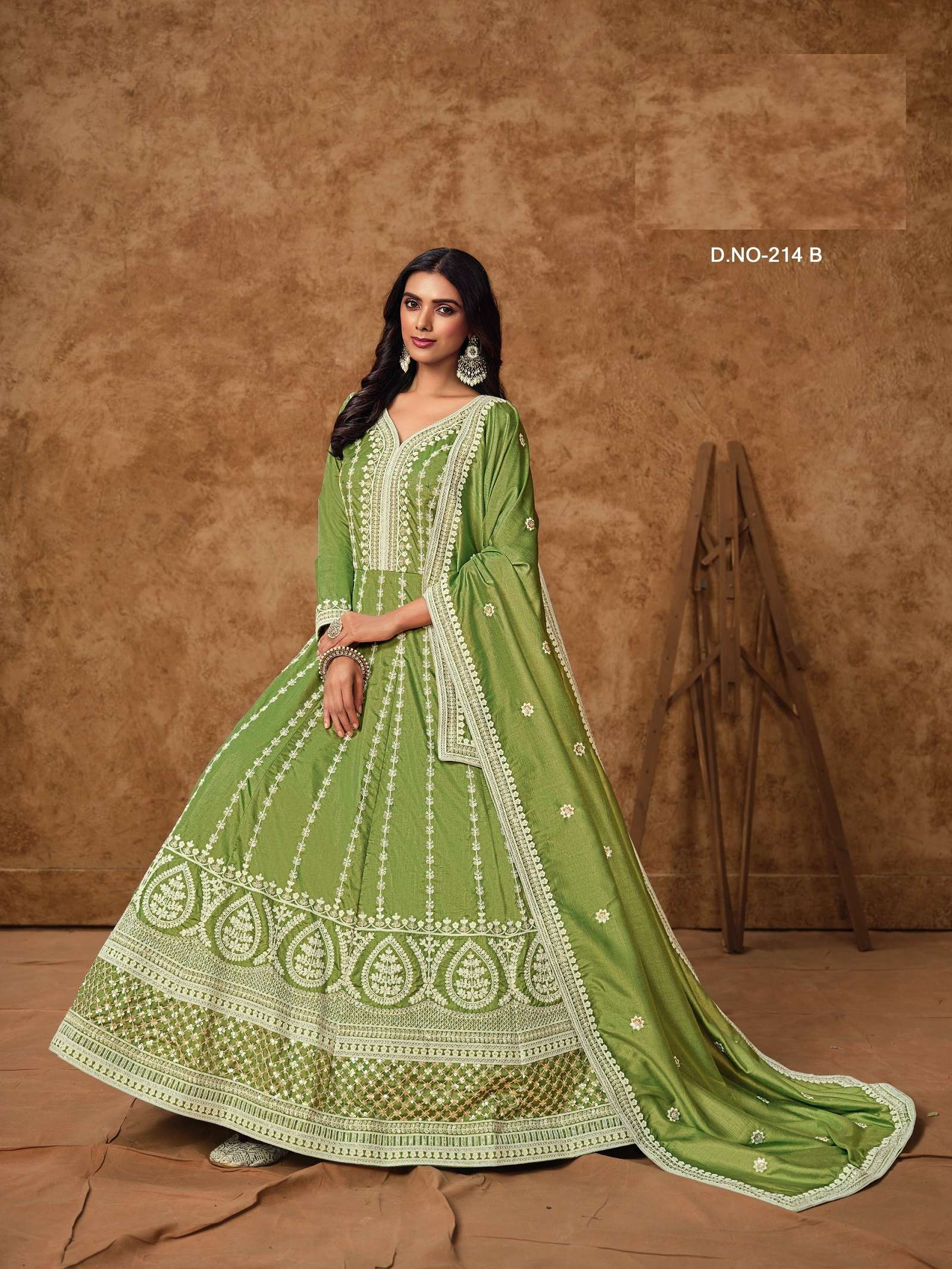 LATEST DESIGNER ANARKALI PARTY WEAR DOLLA SILK GREEN SALWAR SUIT LONG GOWN ANY 214 B