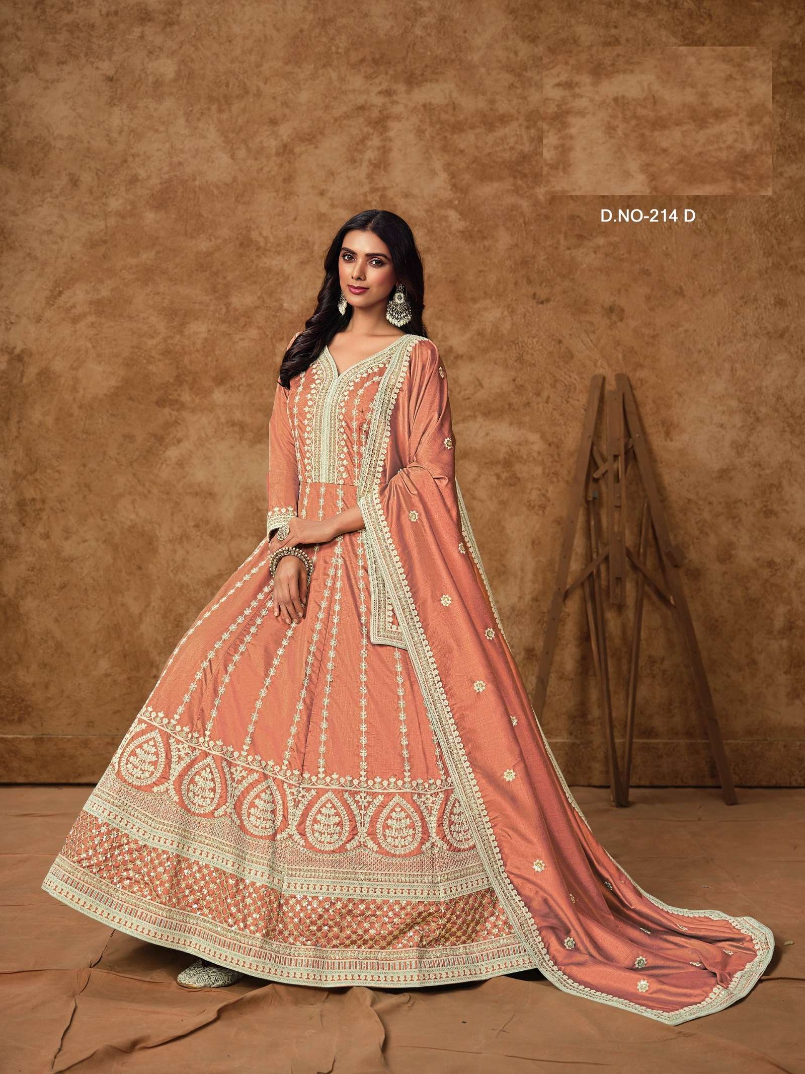 LATEST DESIGNER ANARKALI PARTY WEAR DOLLA SILK ORANGE SALWAR SUIT LONG GOWN ANY 214 D